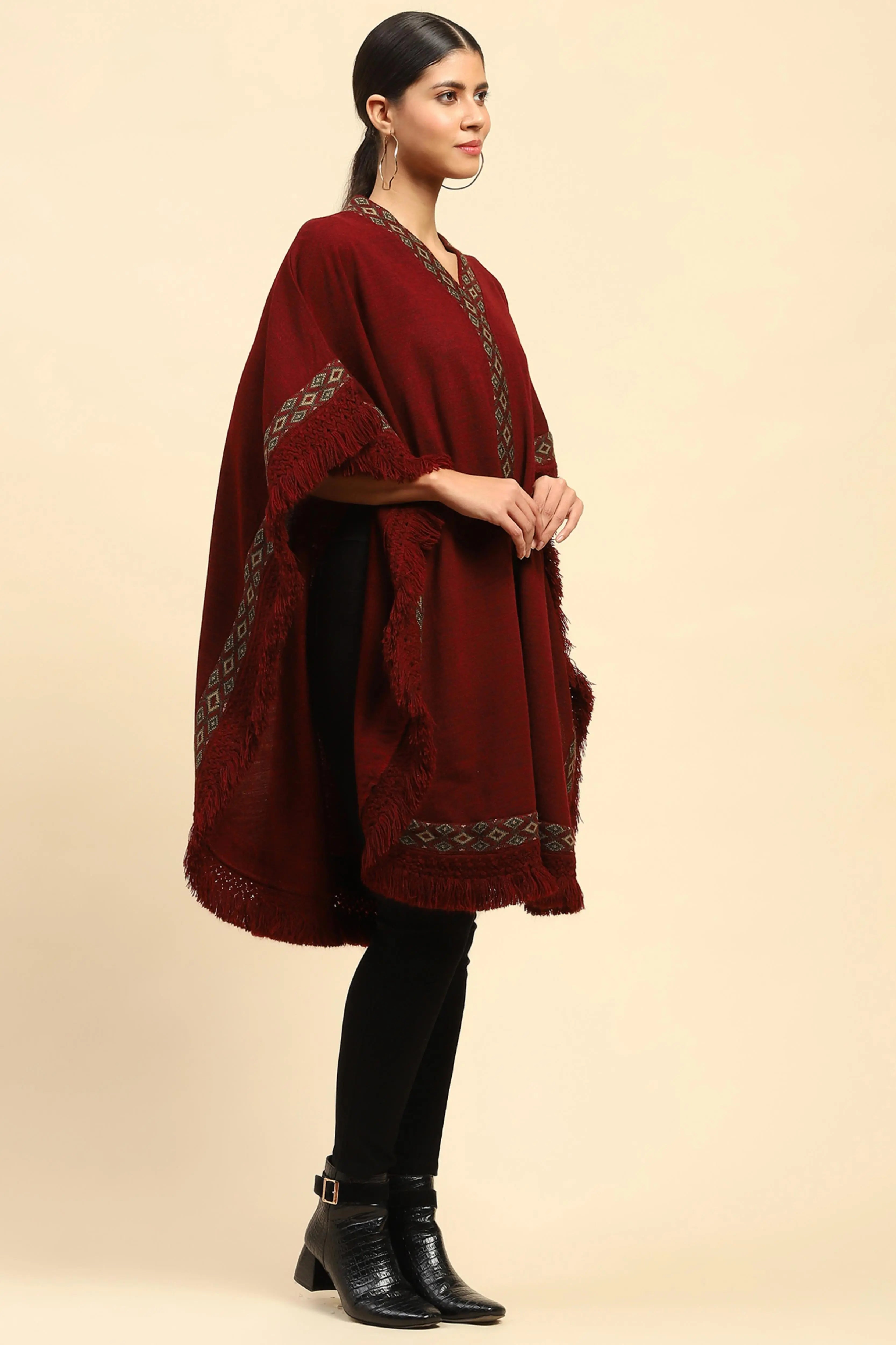 Maroon Woolen Embroidered Cape