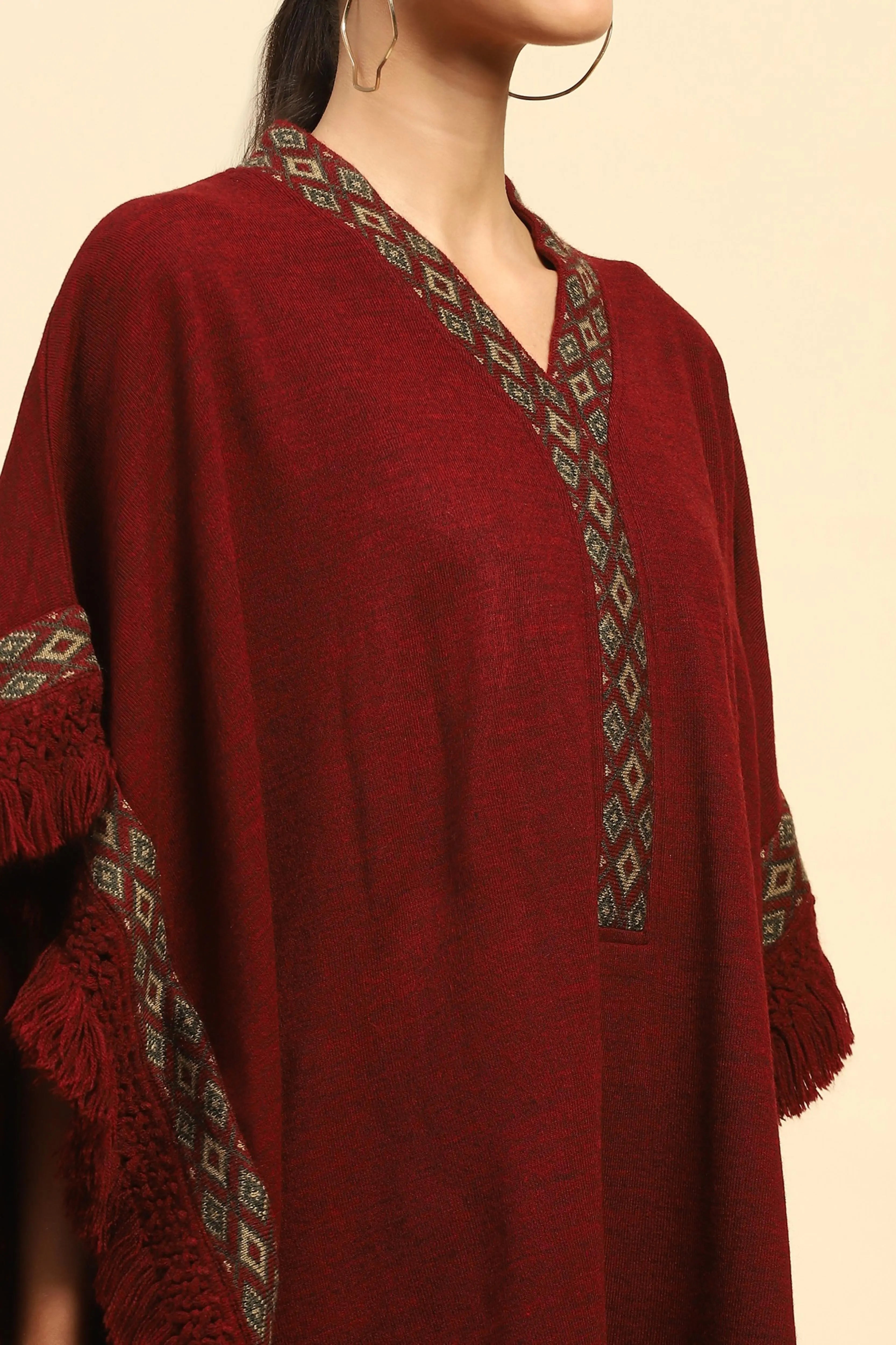 Maroon Woolen Embroidered Cape