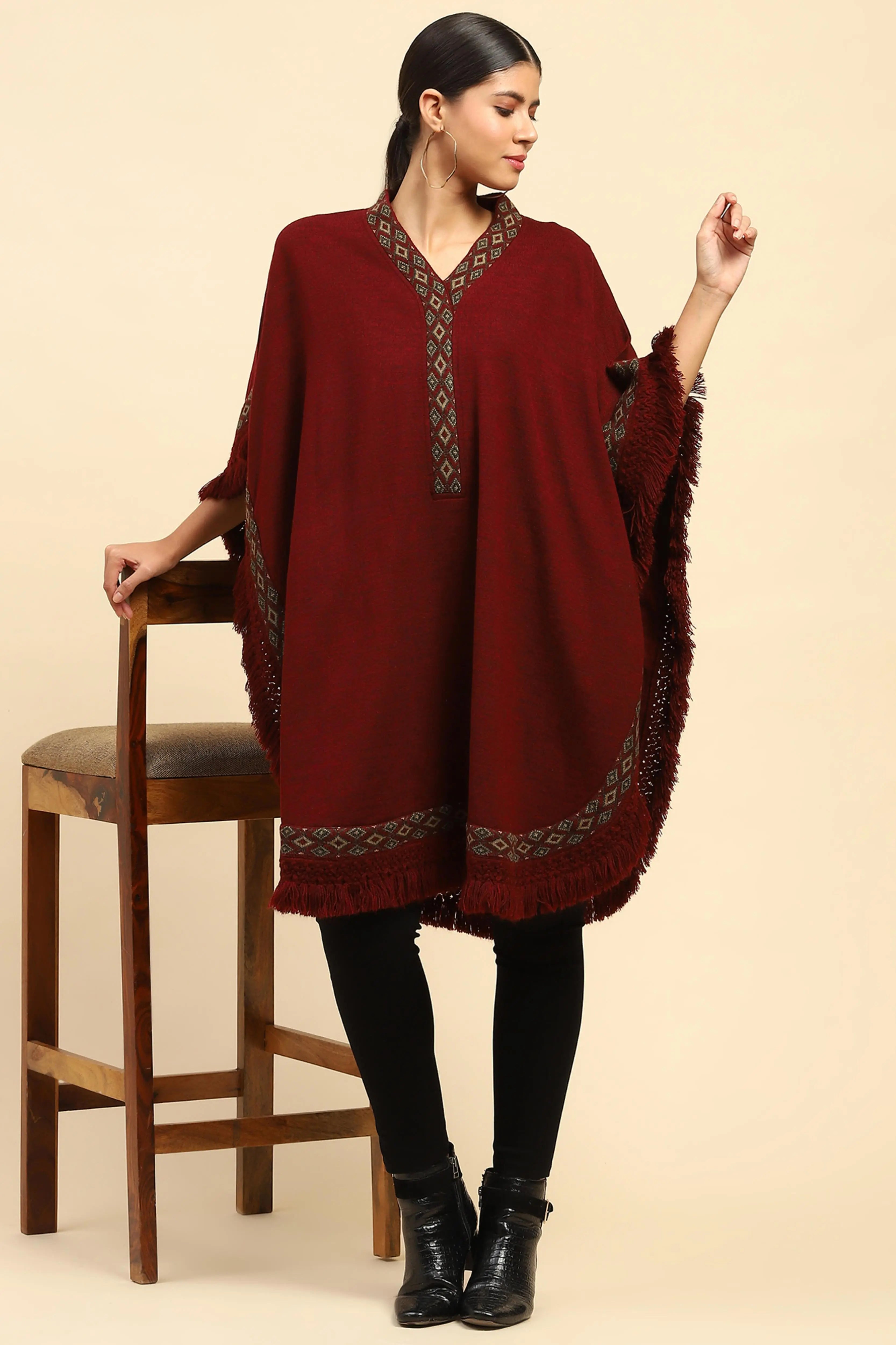 Maroon Woolen Embroidered Cape