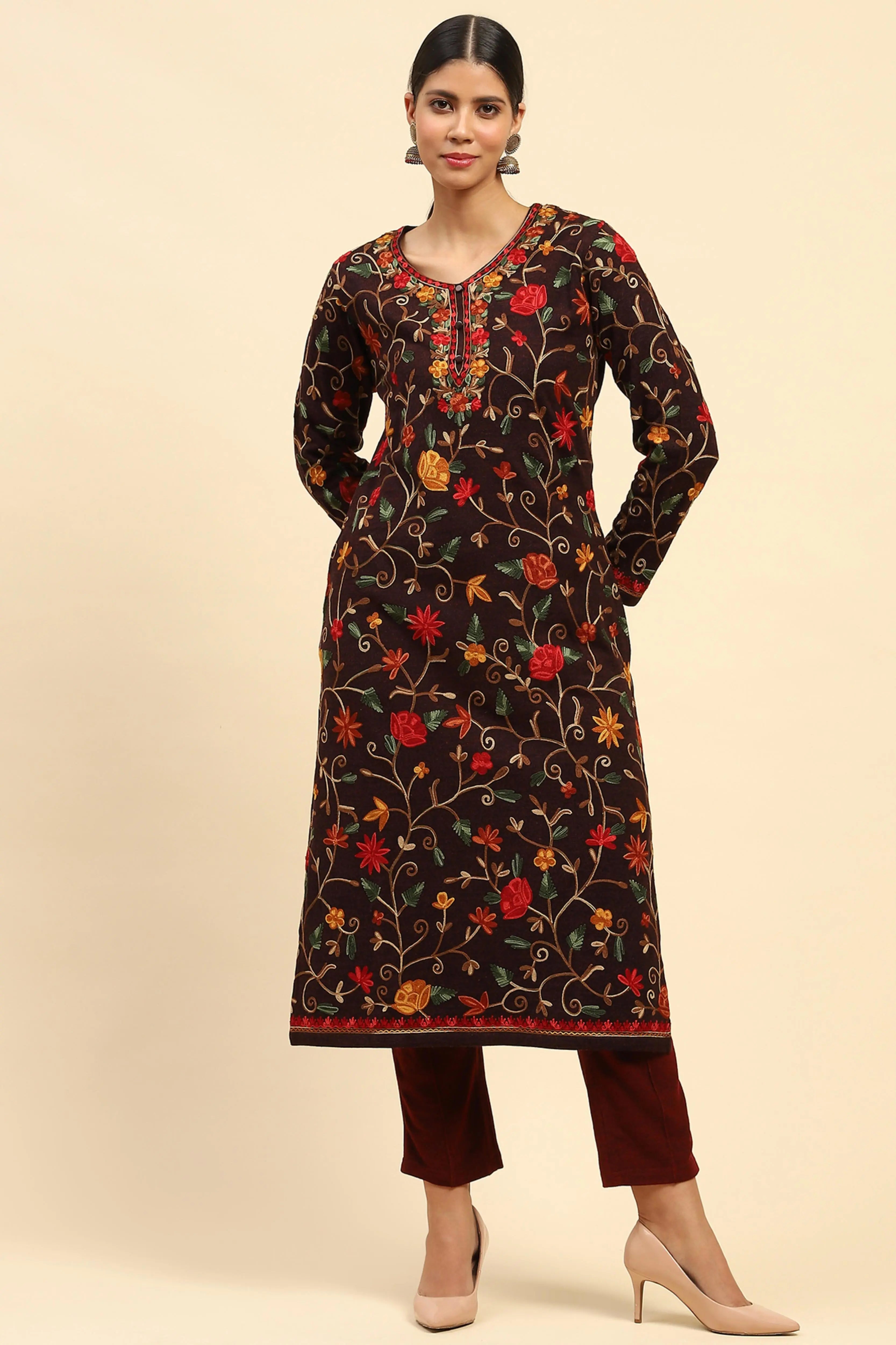 Wine Woolen Thread Embroidered Round Neck Kurta - Global Republic