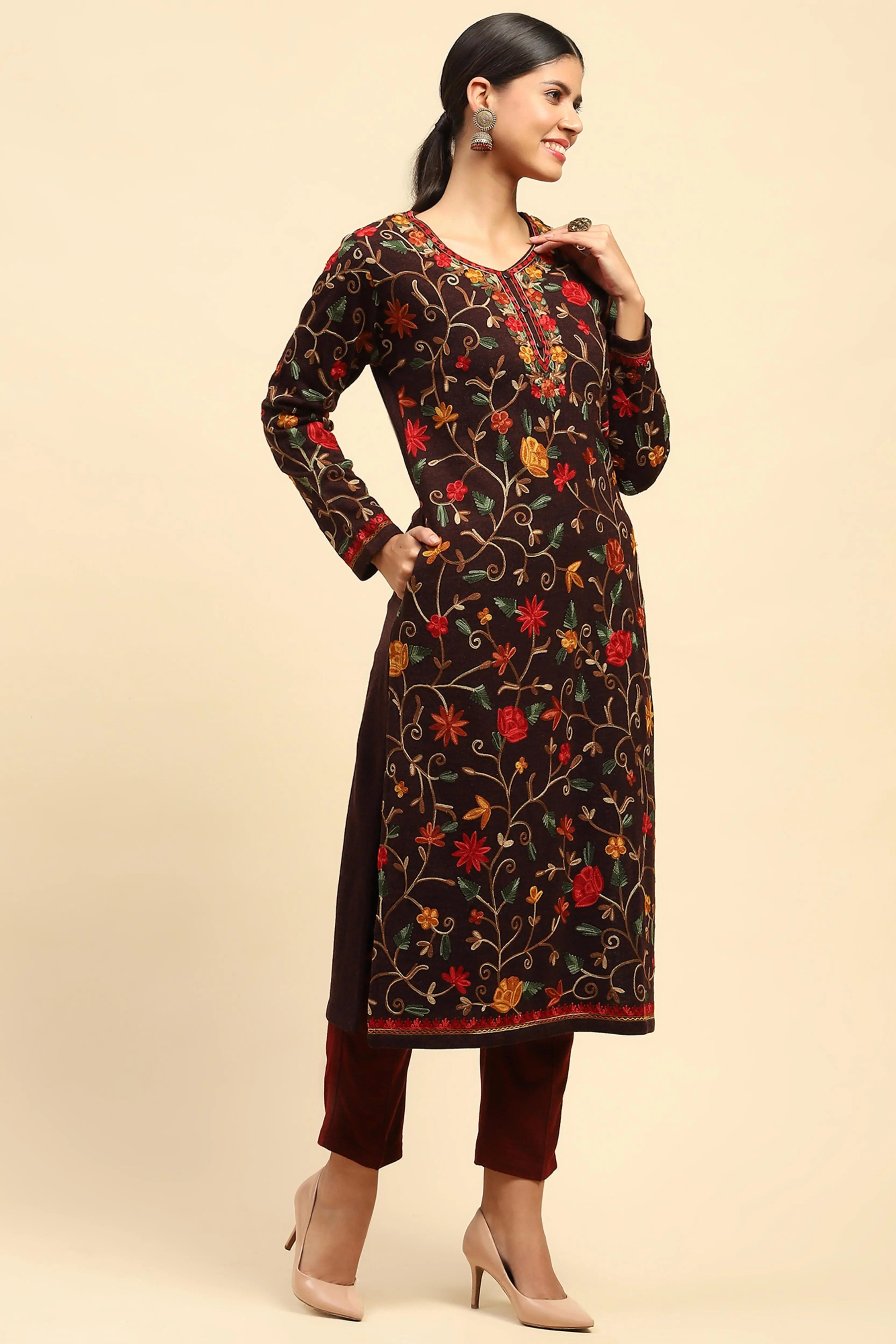 Wine Woolen Thread Embroidered Round Neck Kurta - Global Republic