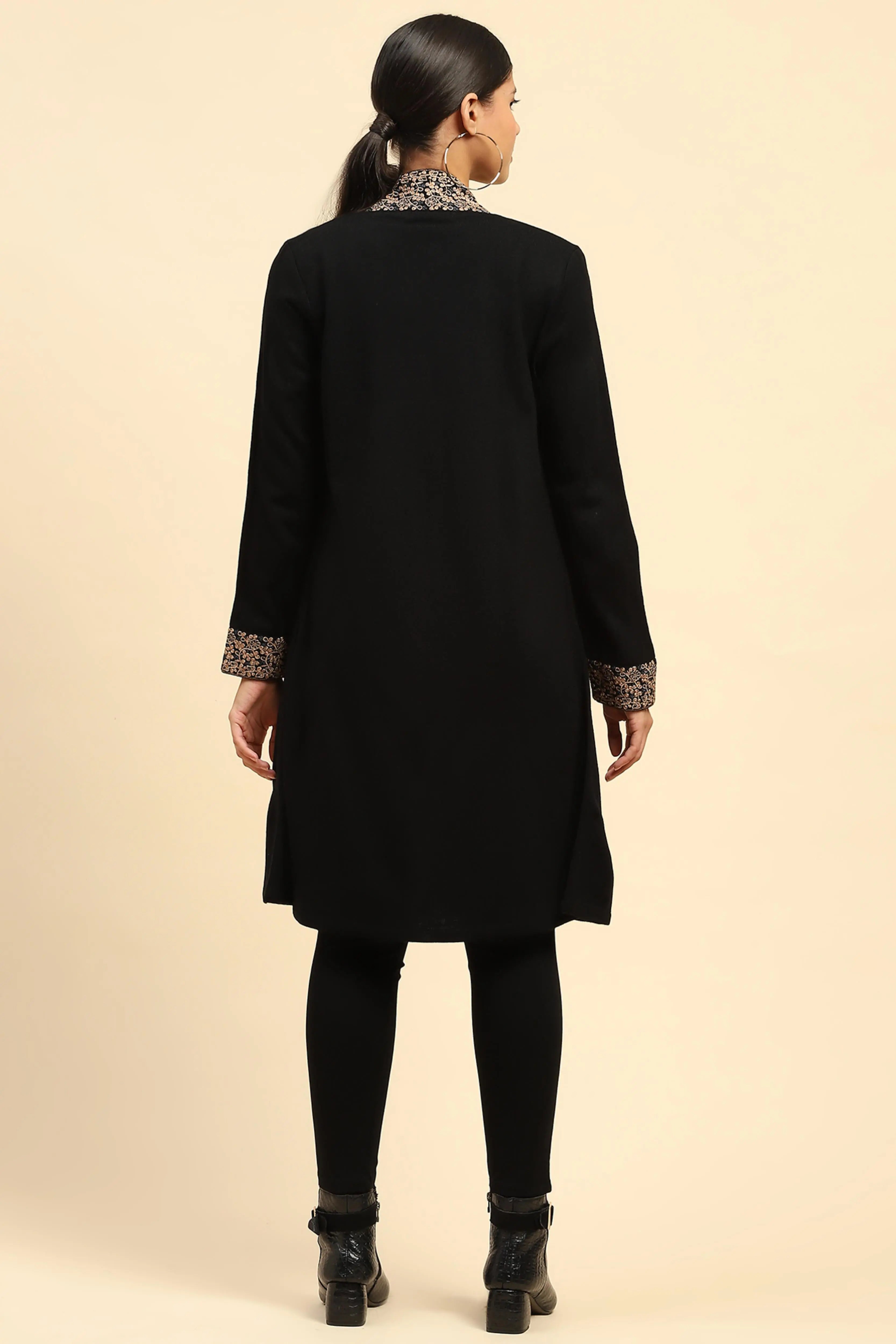 Black Woolen Thread Embroidered Front Open Ethnic Shrug - Global Republic