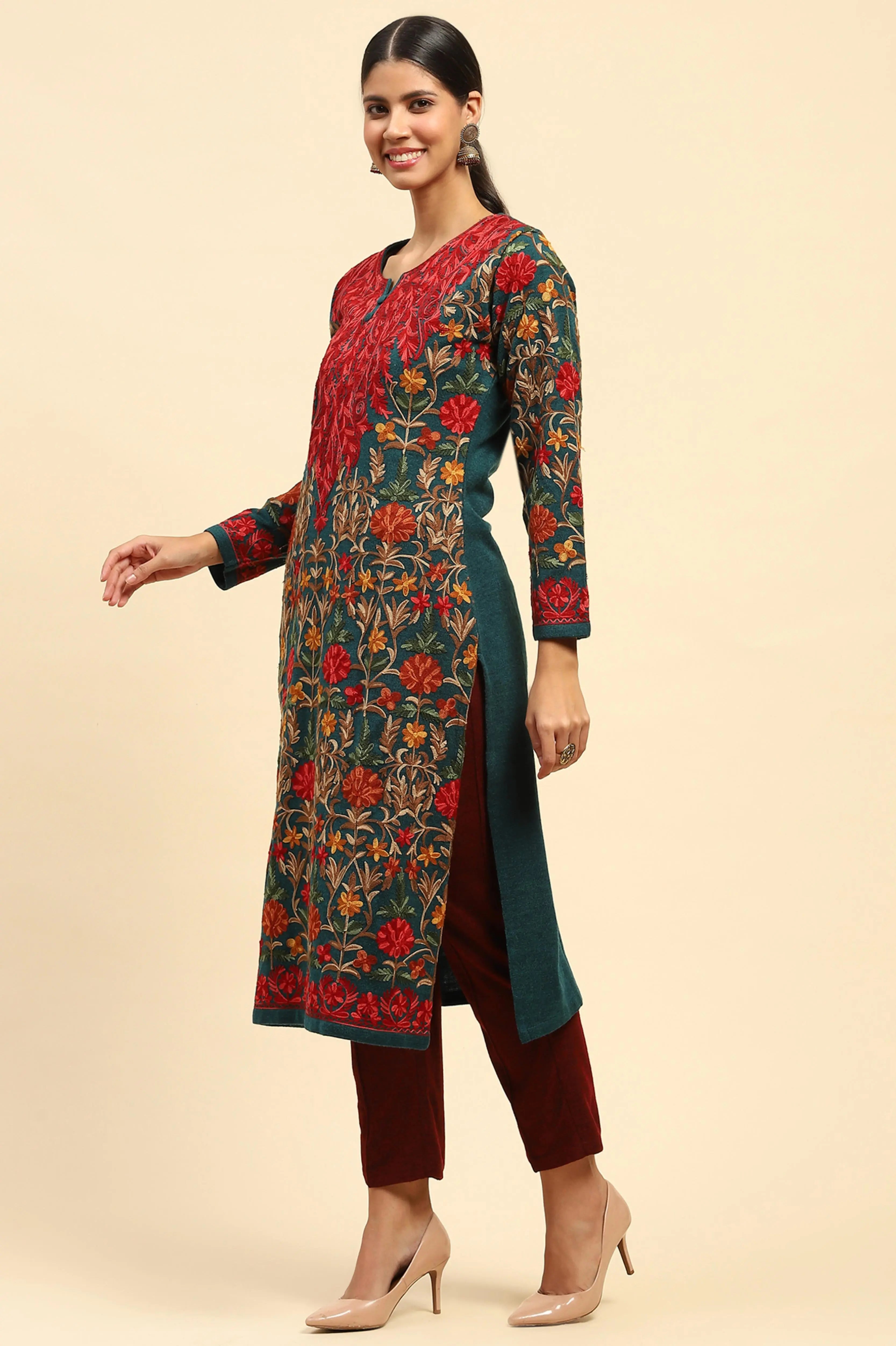 Rama Green Thread Woolen Embroidered Notch Neck Kurta - Global Republic
