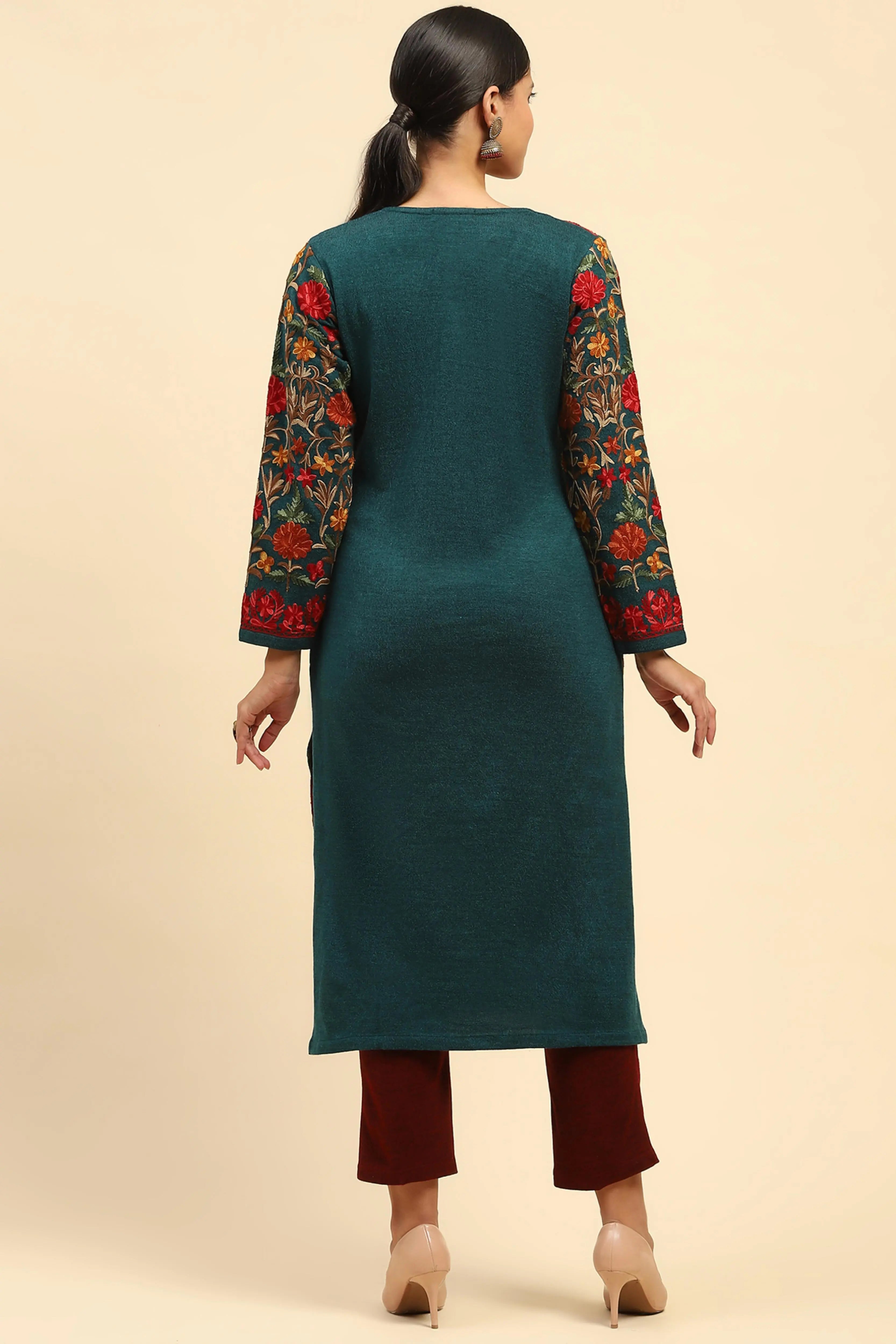 Rama Green Thread Woolen Embroidered Notch Neck Kurta - Global Republic