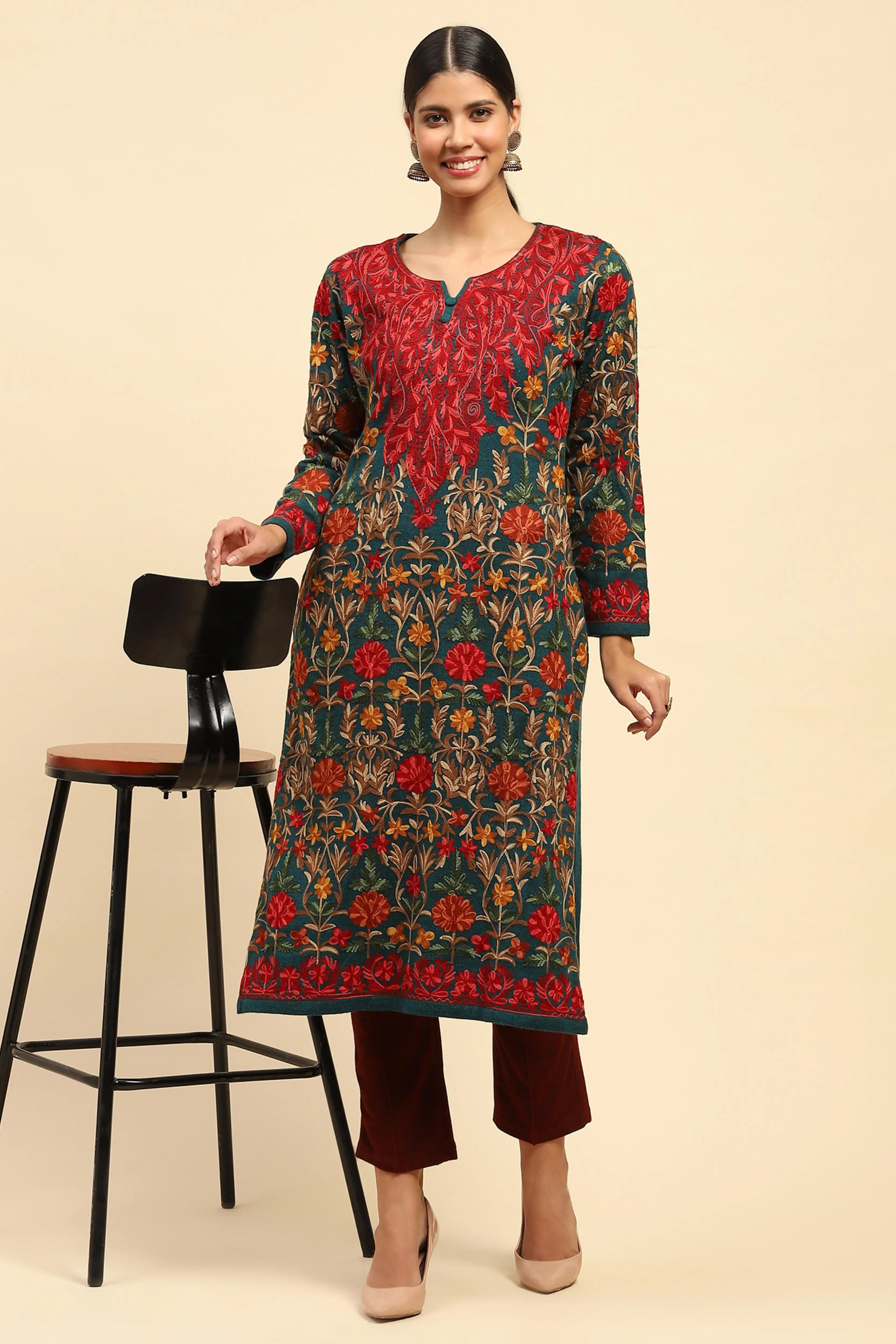 Rama Green Thread Woolen Embroidered Notch Neck Kurta - Global Republic