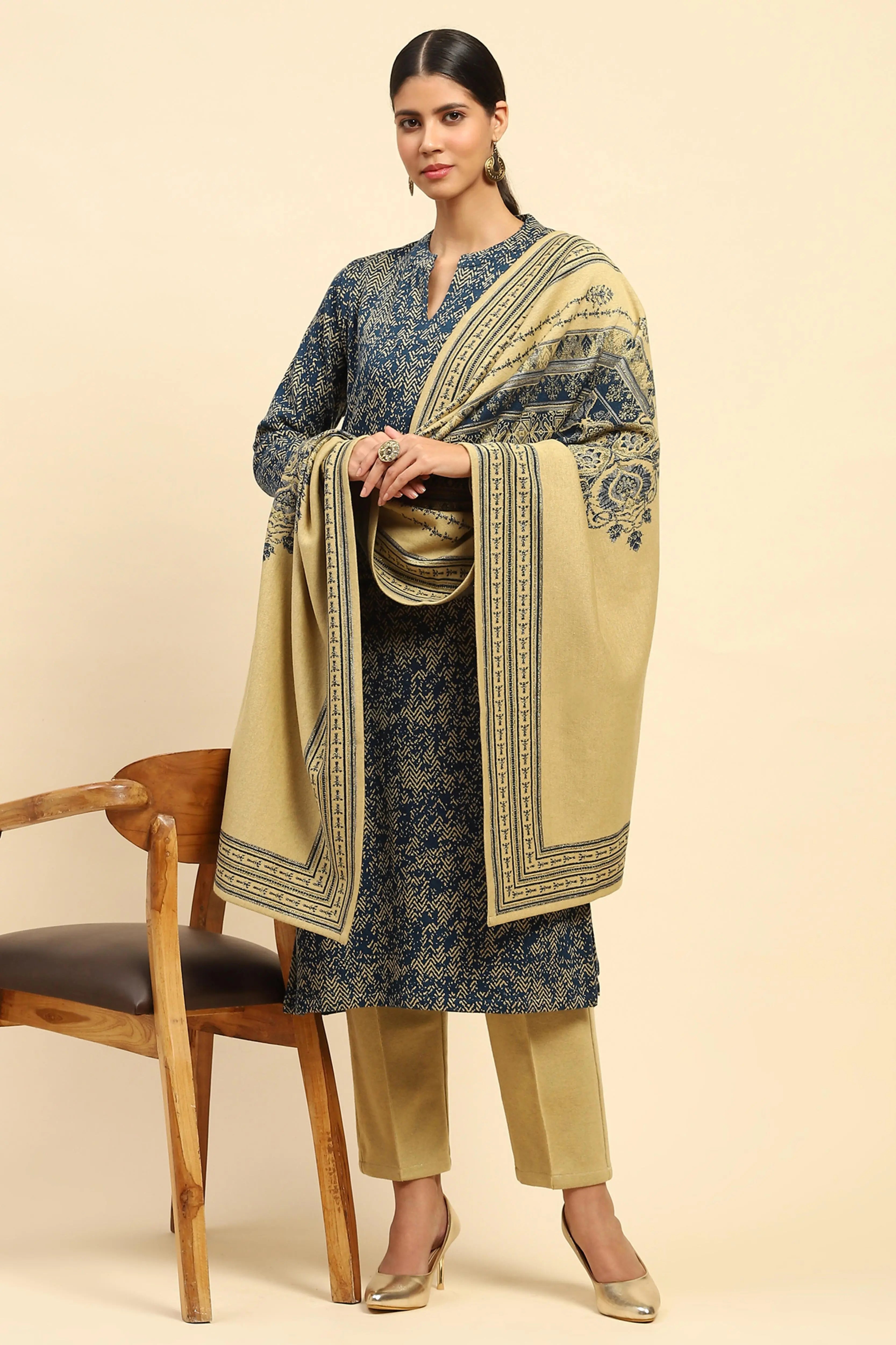 Blue and Beige Woolen Kurta Bottom Set With Dupatta For Winter - Global Republic