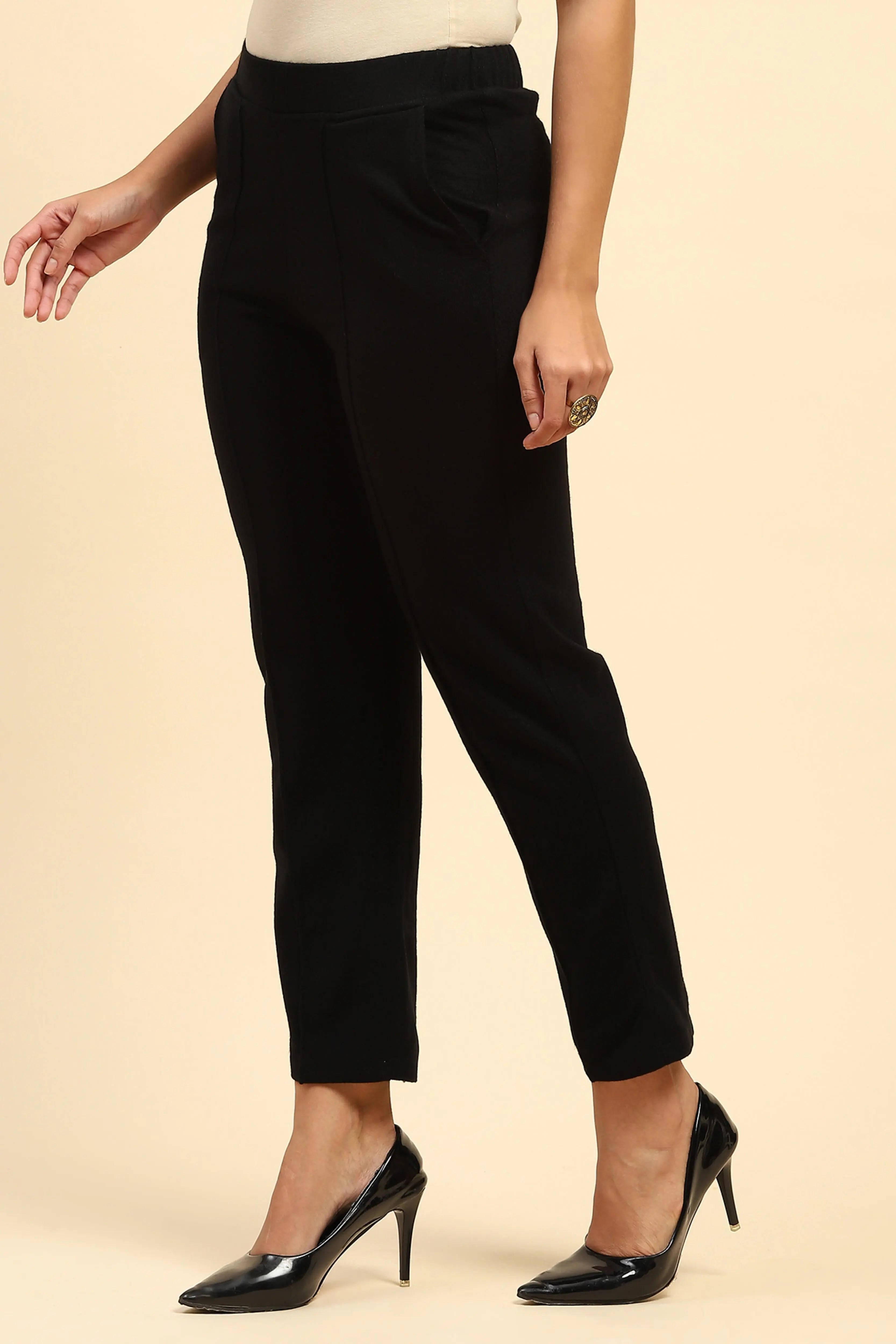 Black Woolen Solid Pant For Winter - Global Republic