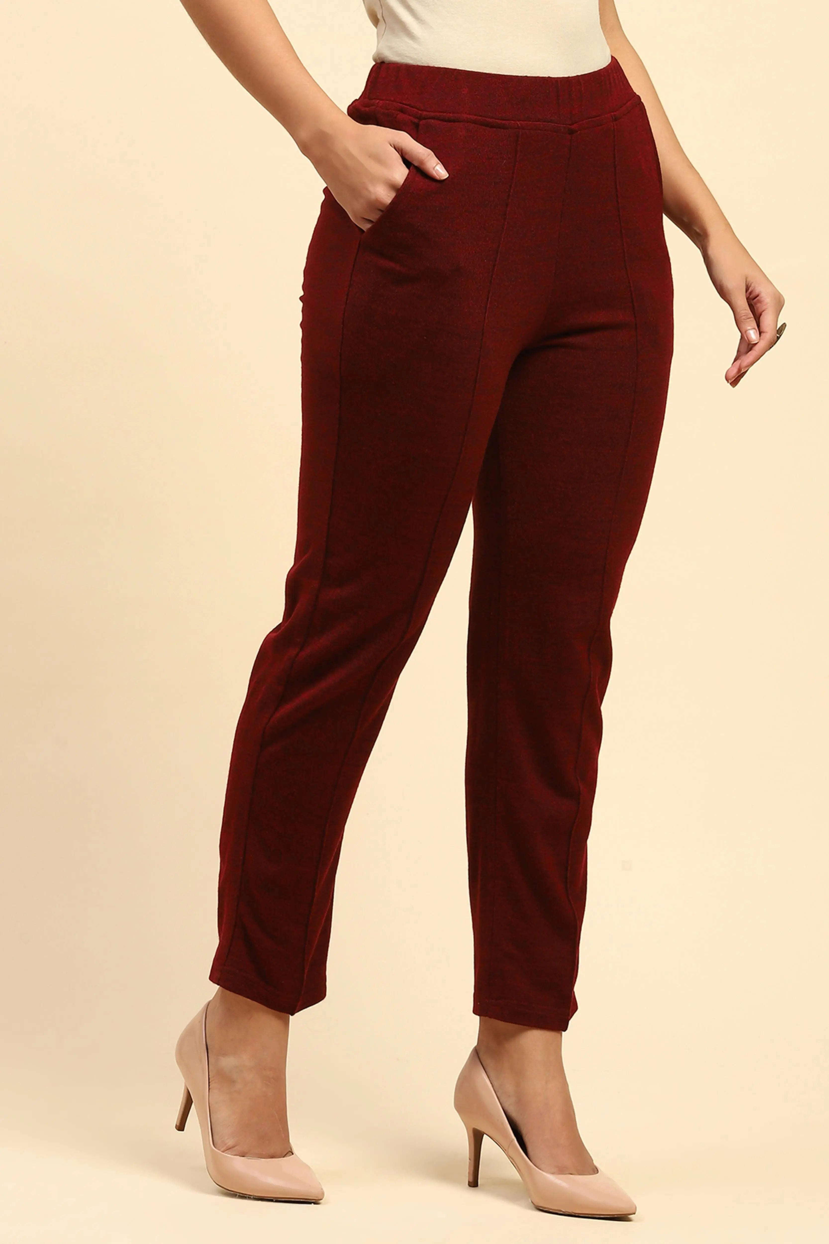 Dark Maroon Woolen Solid Pant For Winter - Global Republic