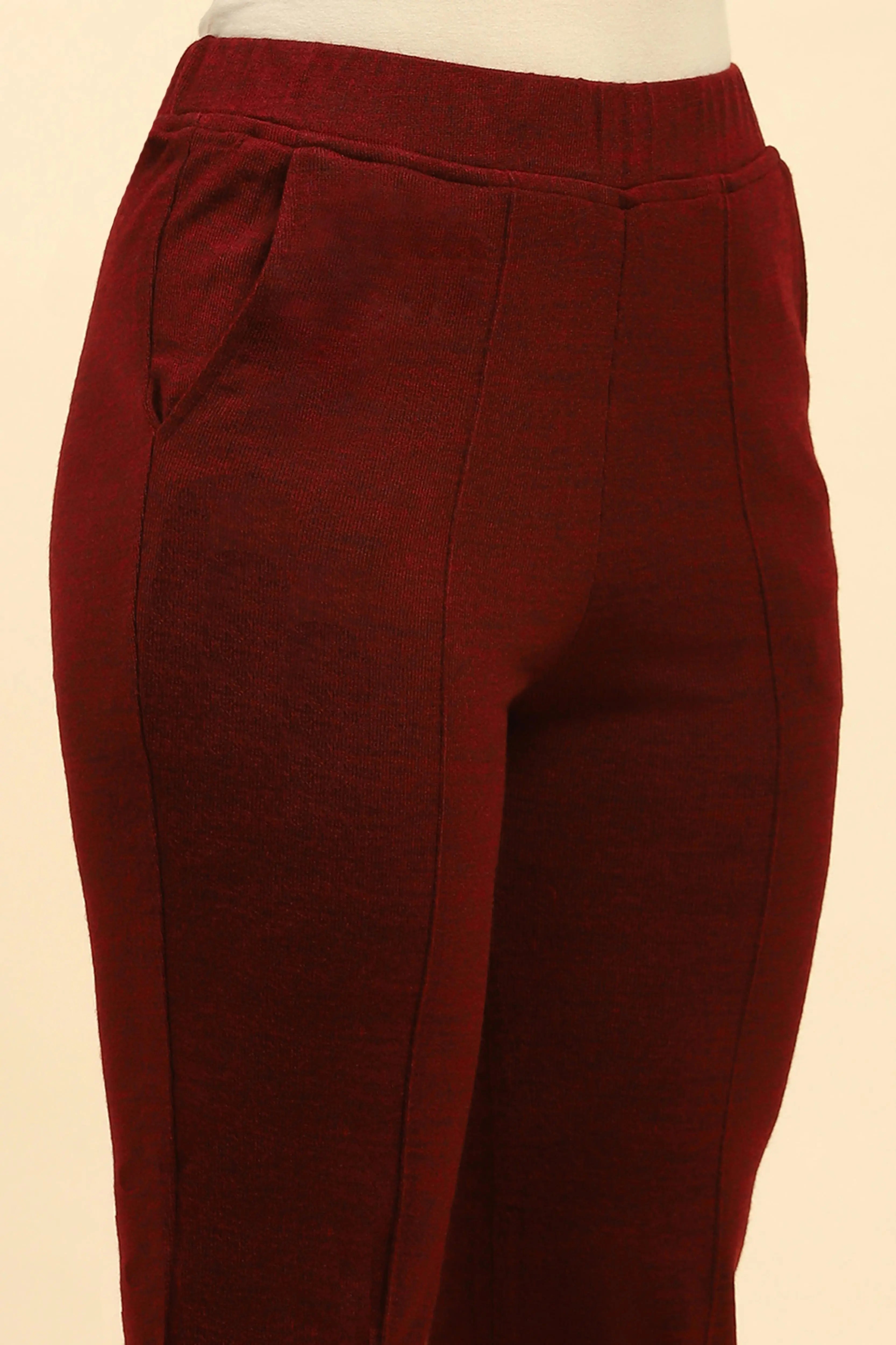 Dark Maroon Woolen Solid Pant For Winter - Global Republic