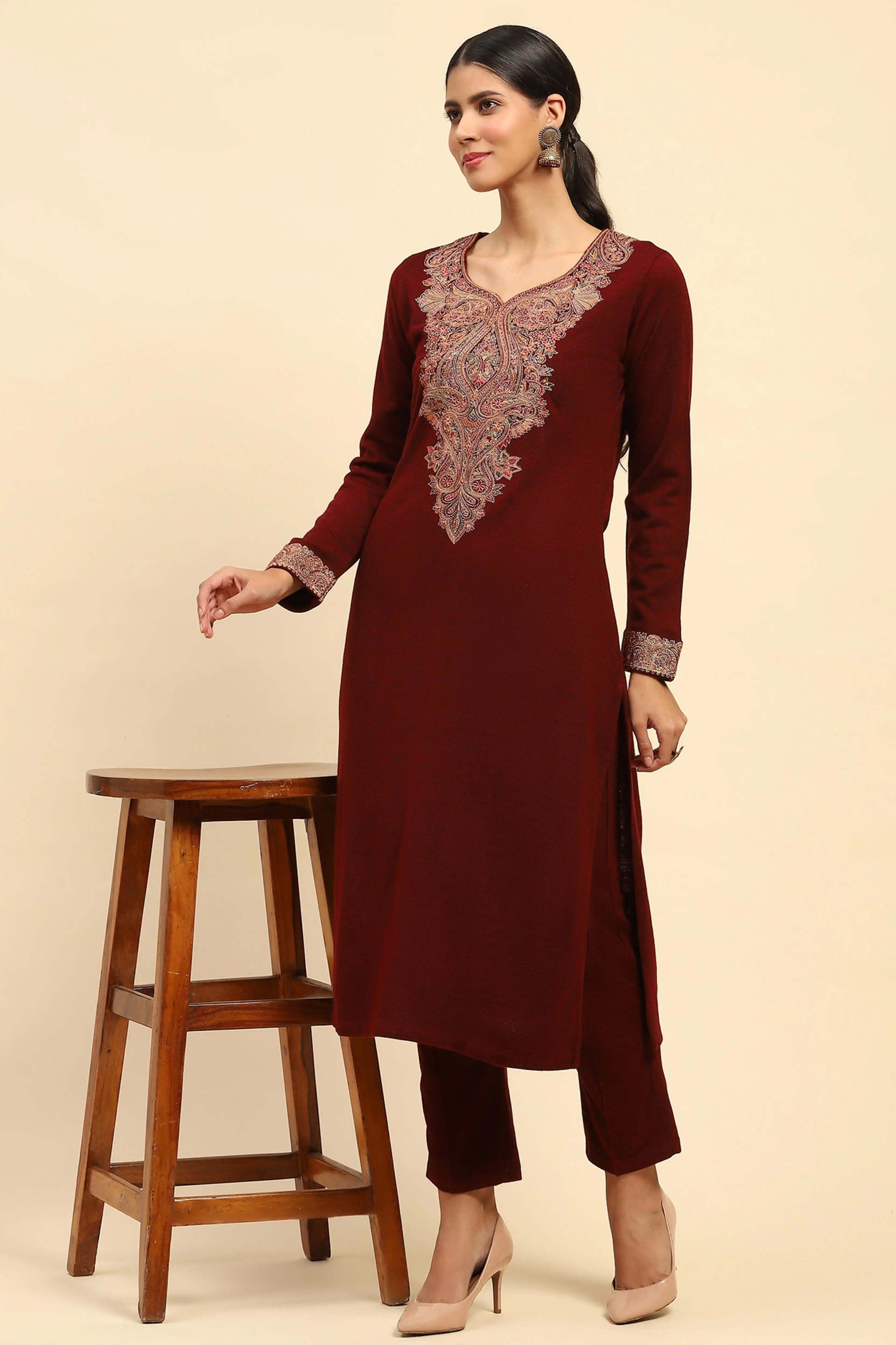 Dark Maroon Woolen Solid Pant For Winter - Global Republic