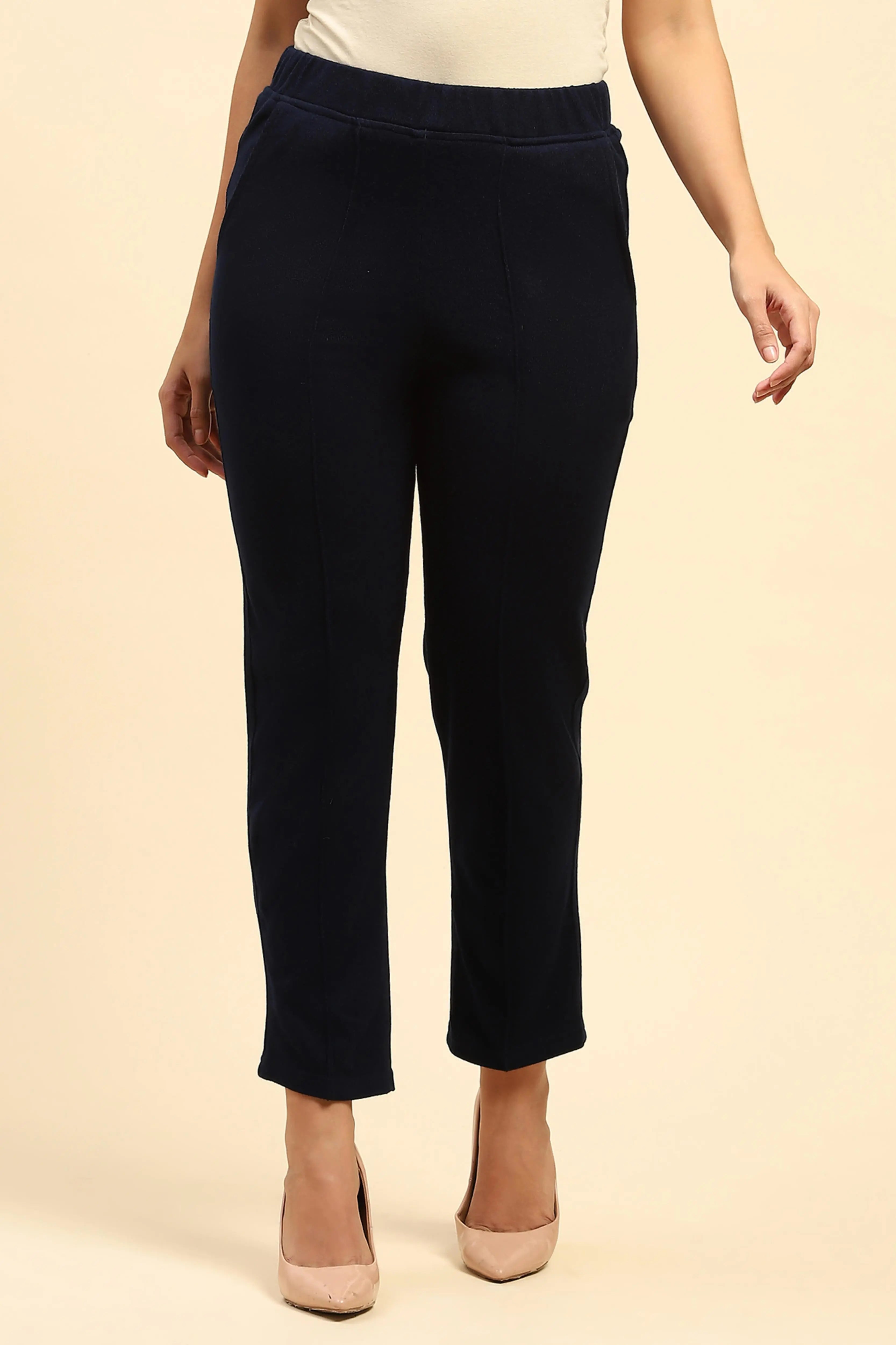 Navy Blue Woolen Solid Pant For Winter - Global Republic