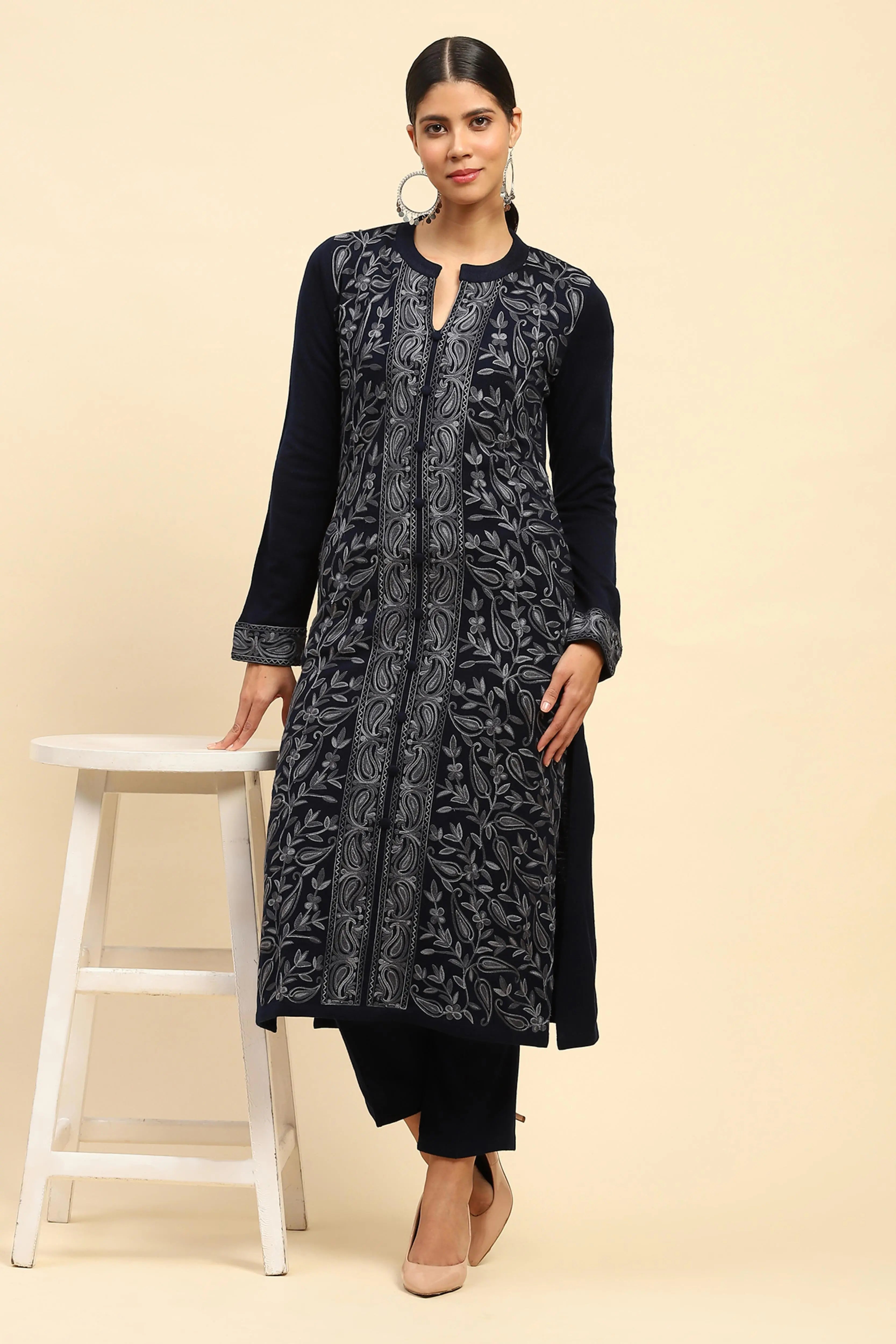 Navy Blue Woolen Solid Pant For Winter - Global Republic