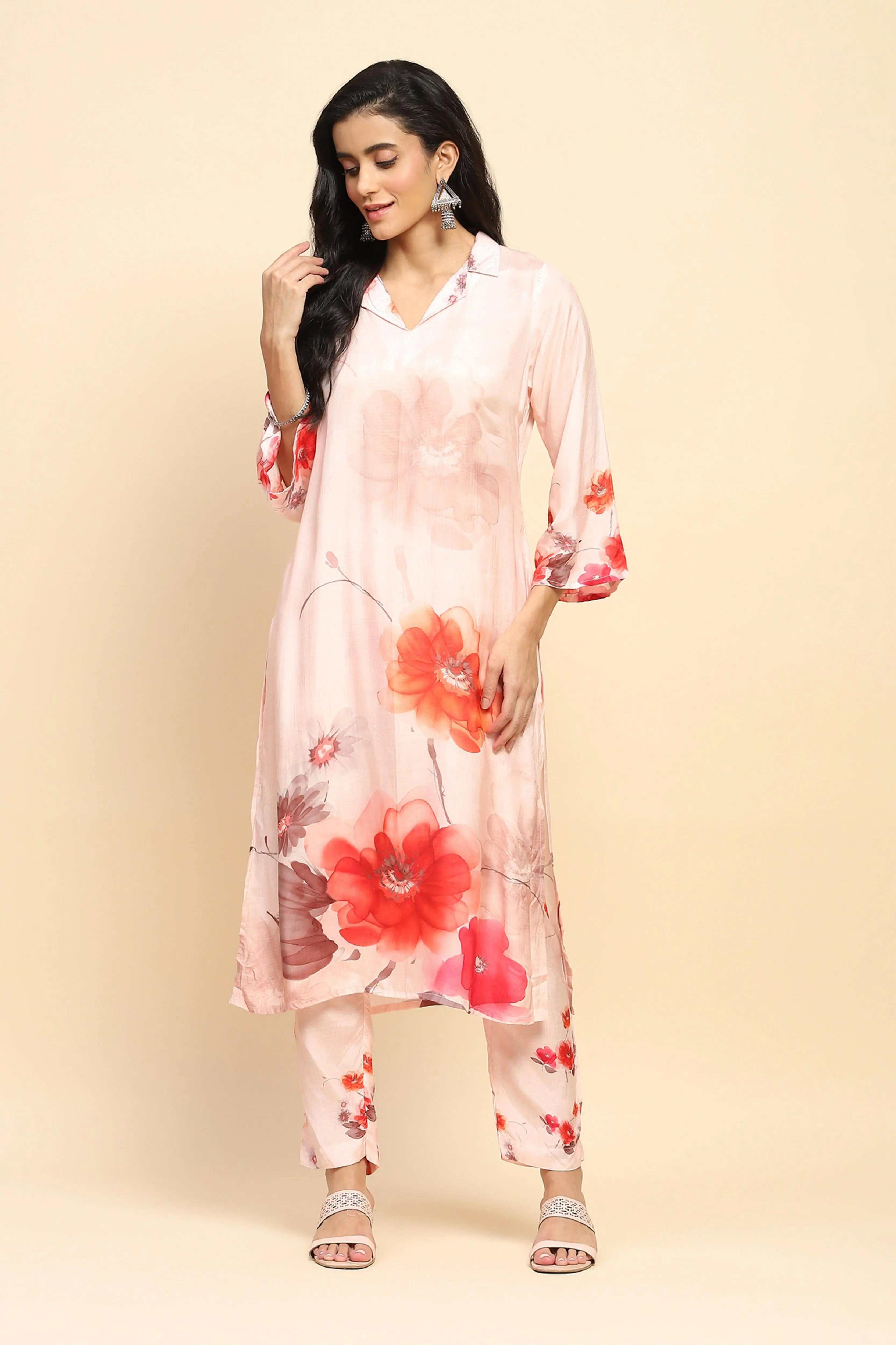 Peach Watercolor Floral Muslin Long Tunic Set - Global Republic