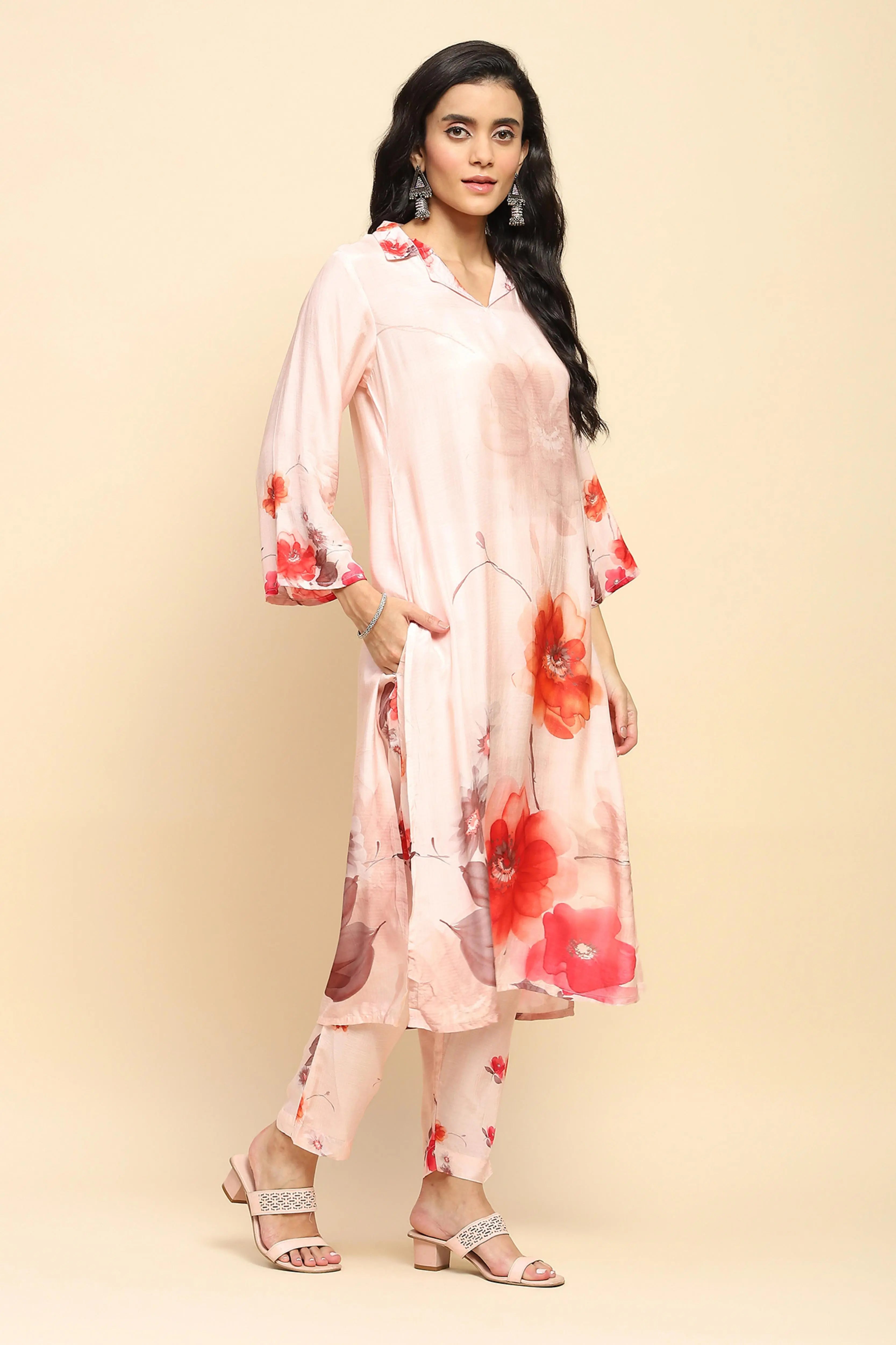 Peach Watercolor Floral Muslin Long Tunic Set - Global Republic