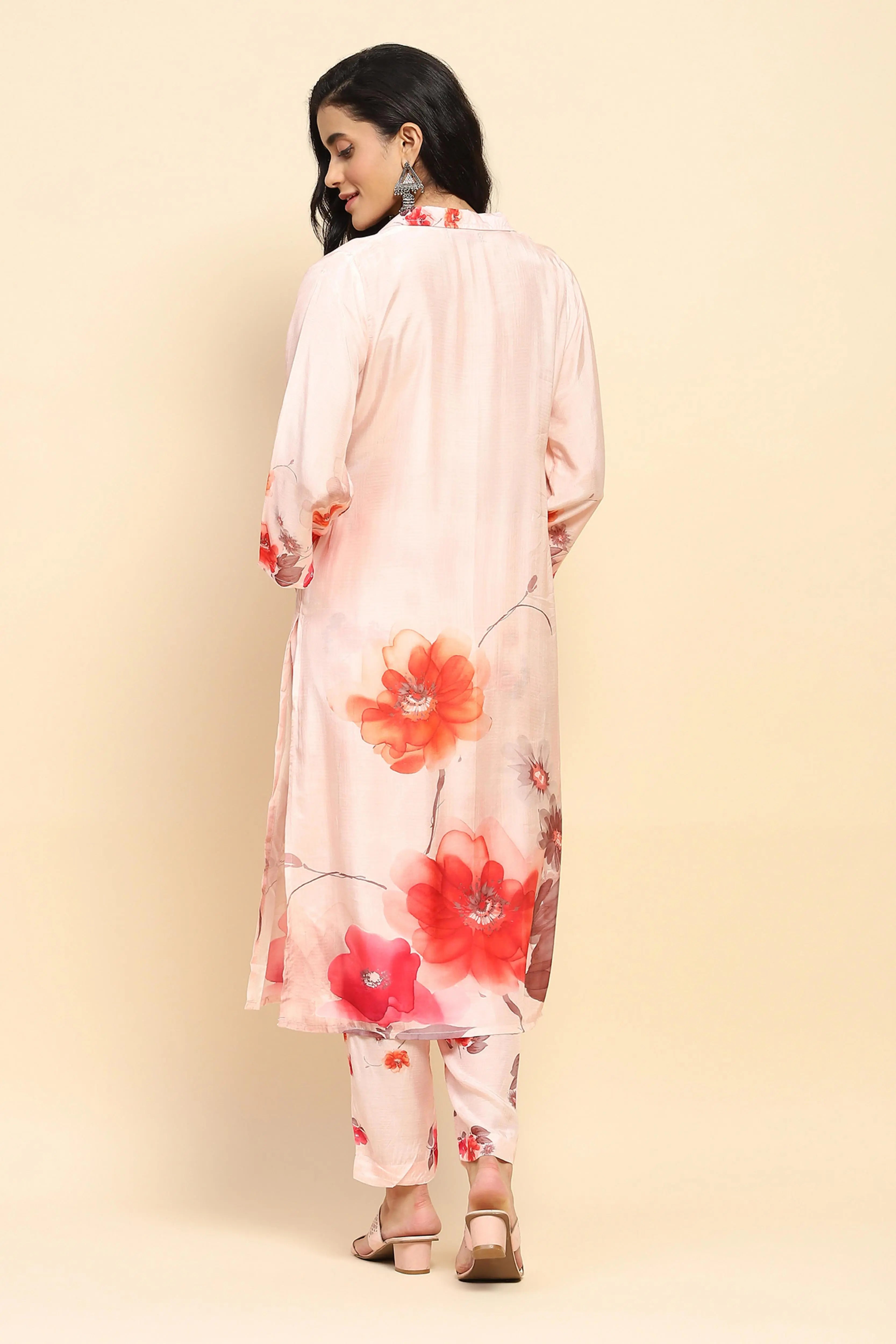 Peach Watercolor Floral Muslin Long Tunic Set - Global Republic