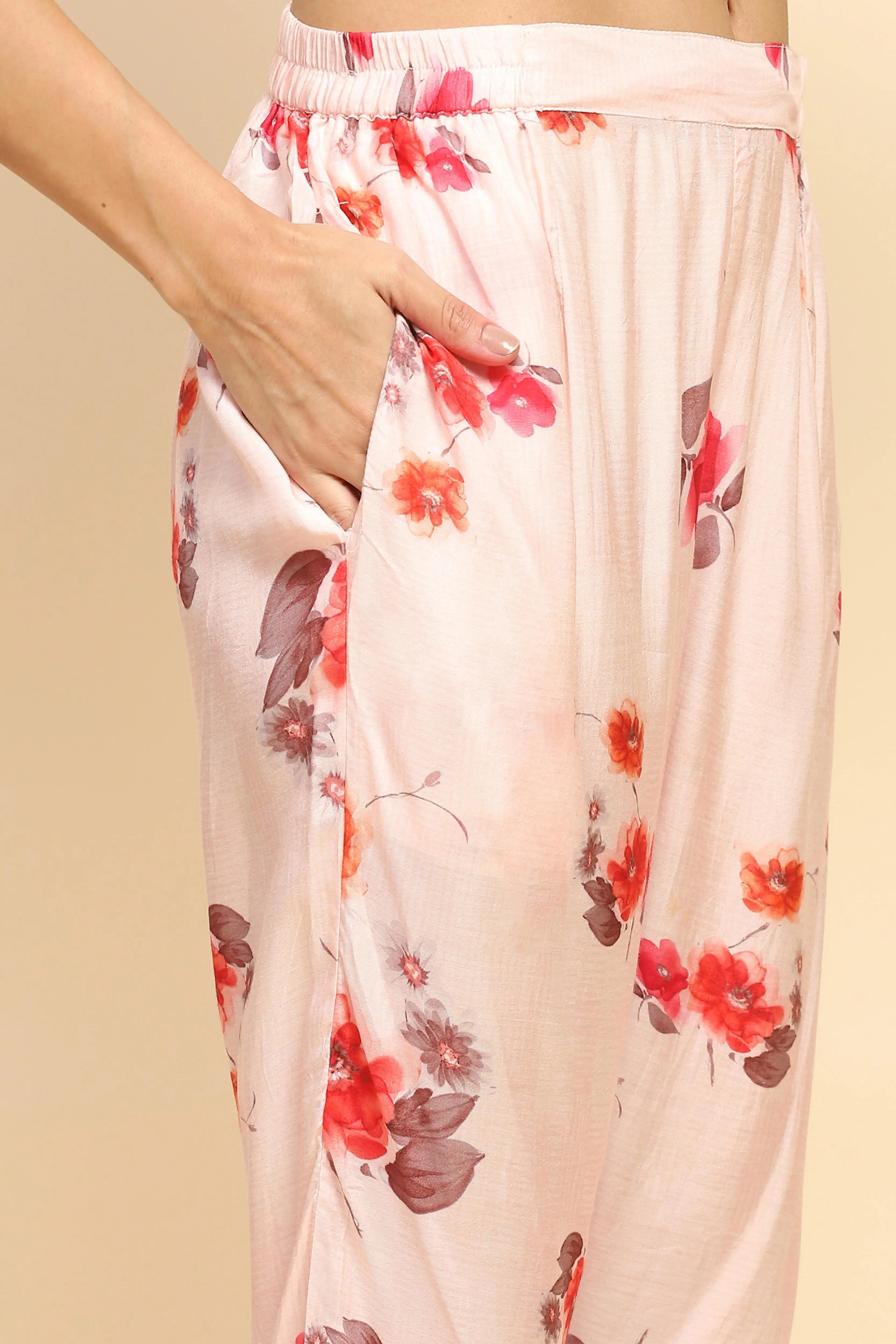 Peach Watercolor Floral Muslin Long Tunic Set - Global Republic