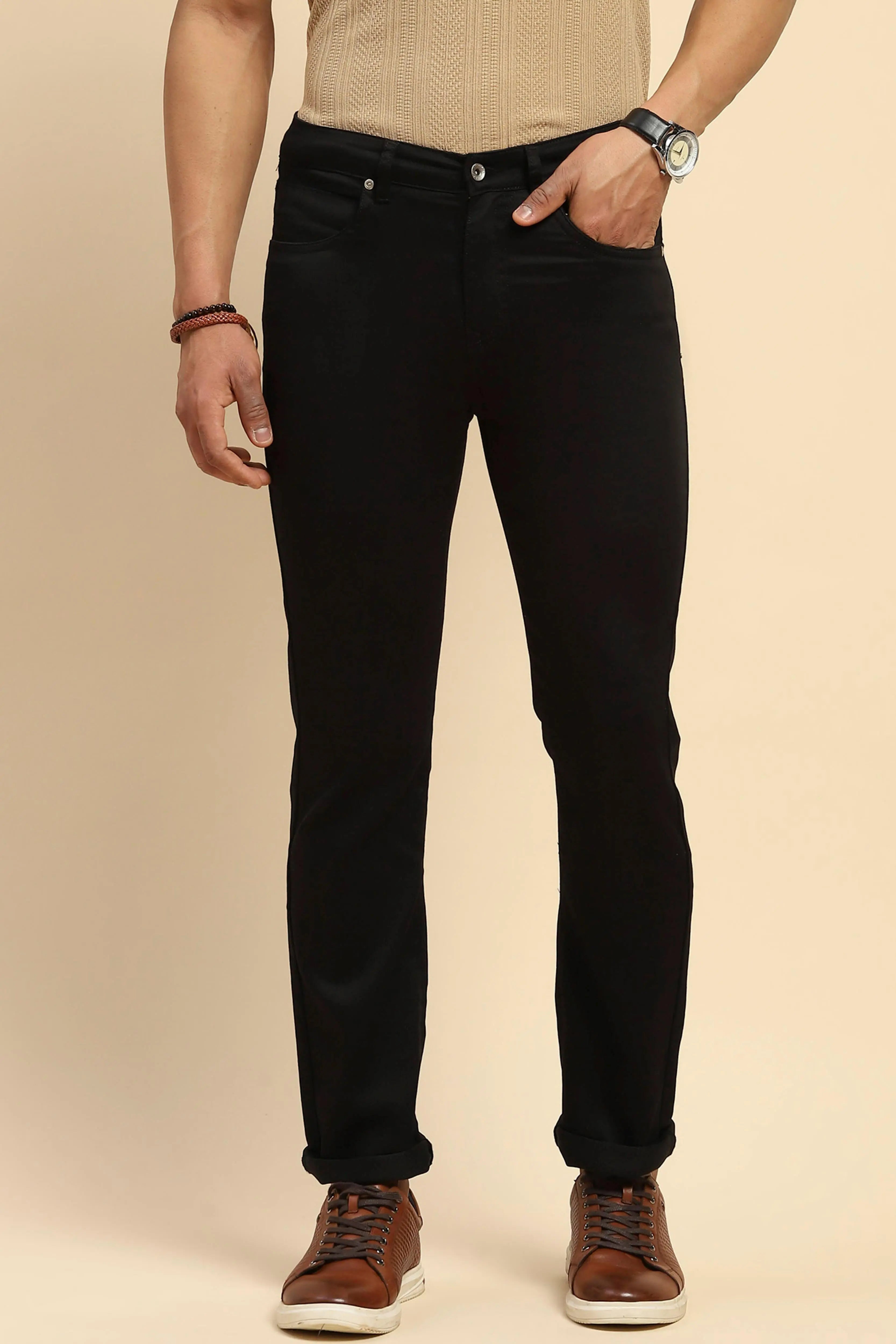 Black Straight Fit Cotton Blend Trouser - Global Republic