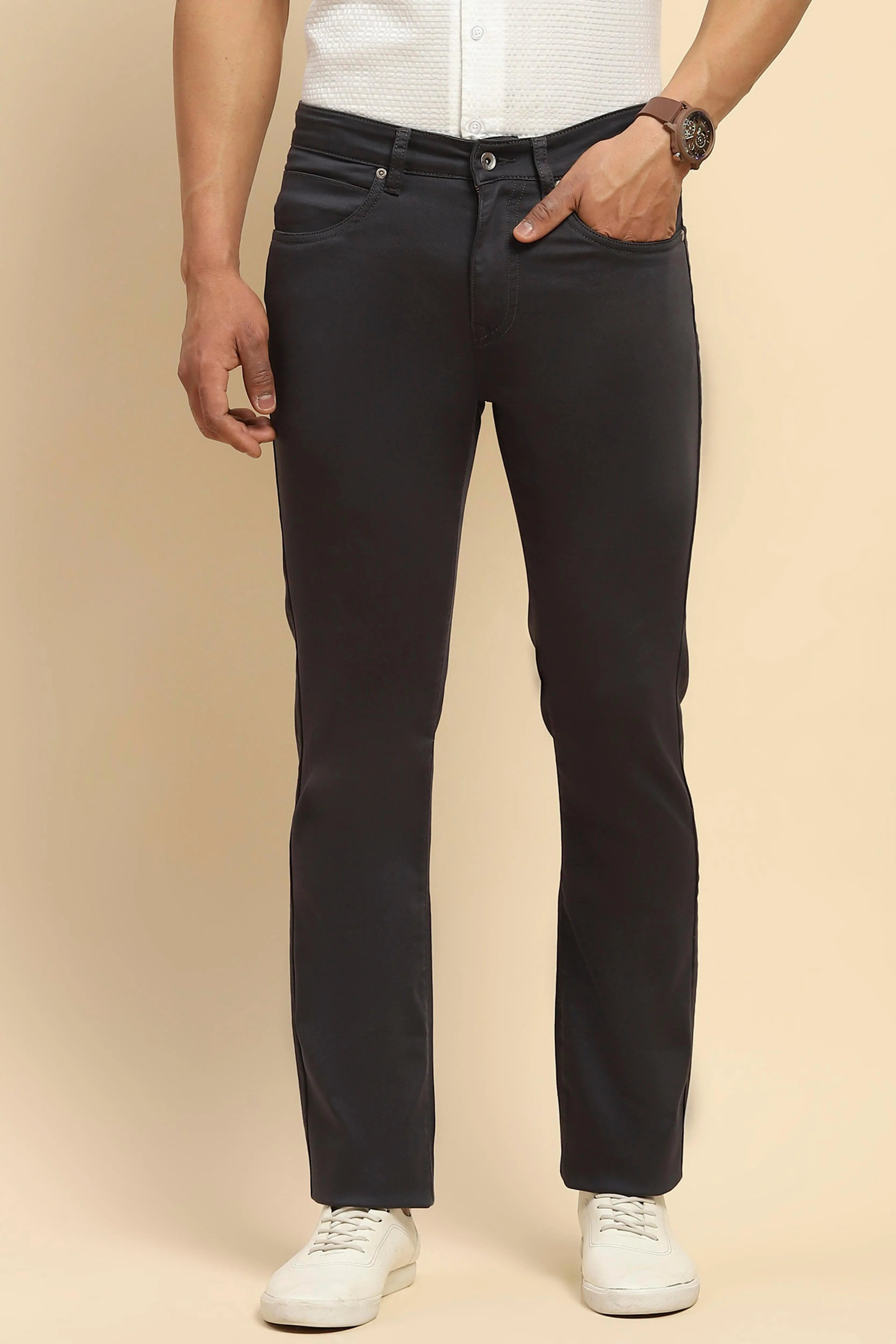 Grey Cotton Blend Straight Fit Trouser - Global Republic