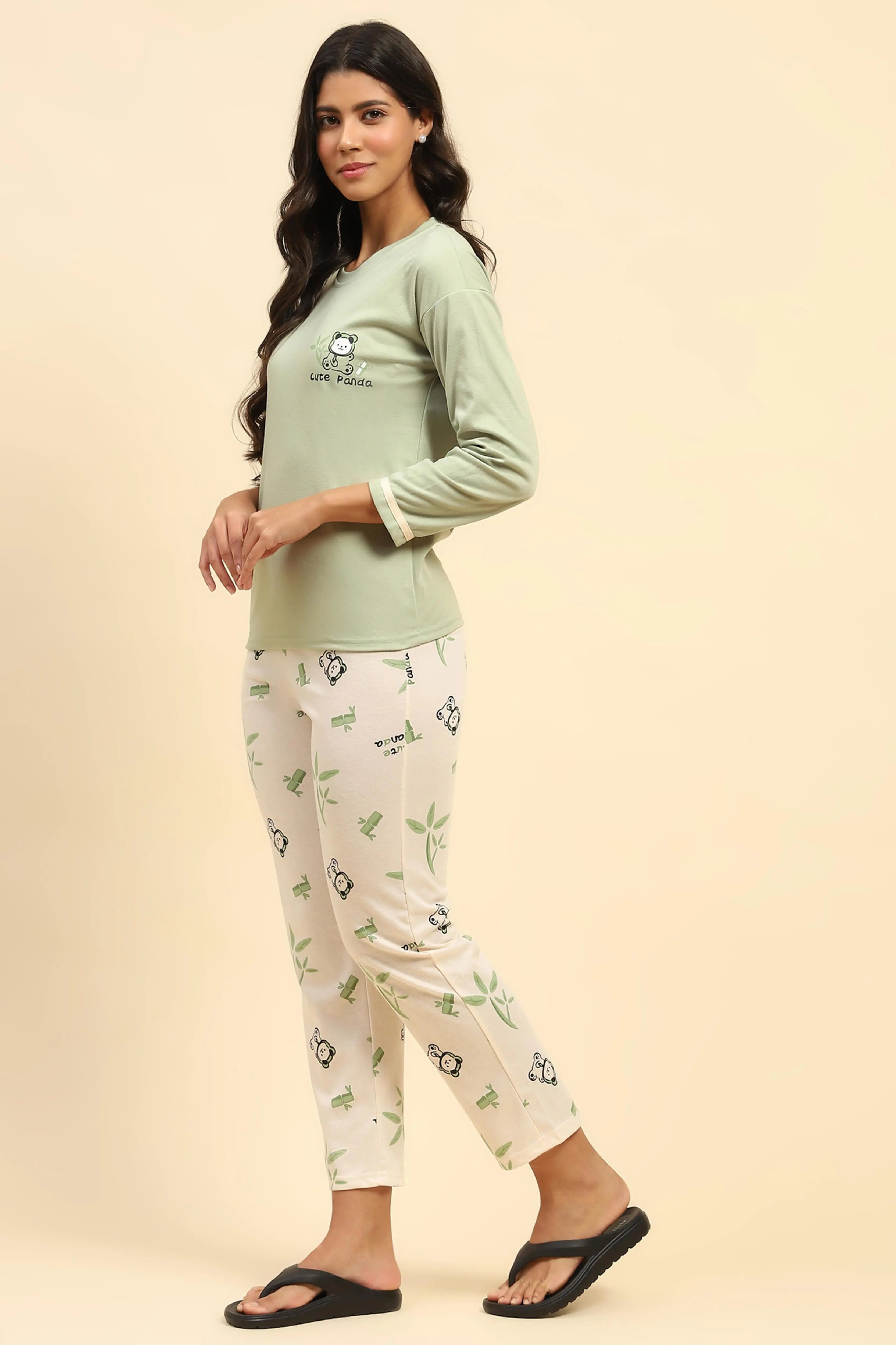 Green Teddy Print Cotton Nightsuit - Global Republic