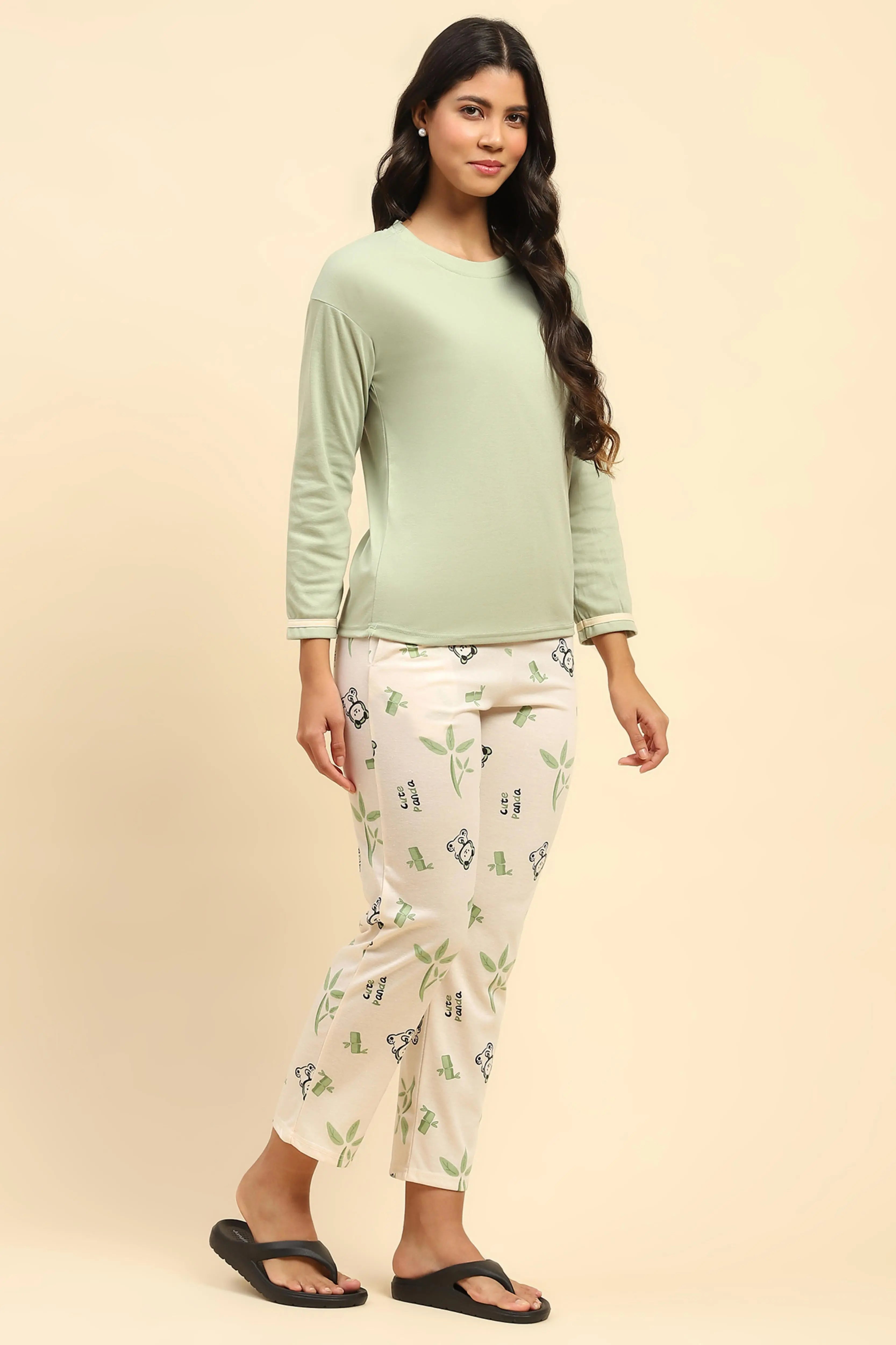 Green Teddy Print Cotton Nightsuit - Global Republic