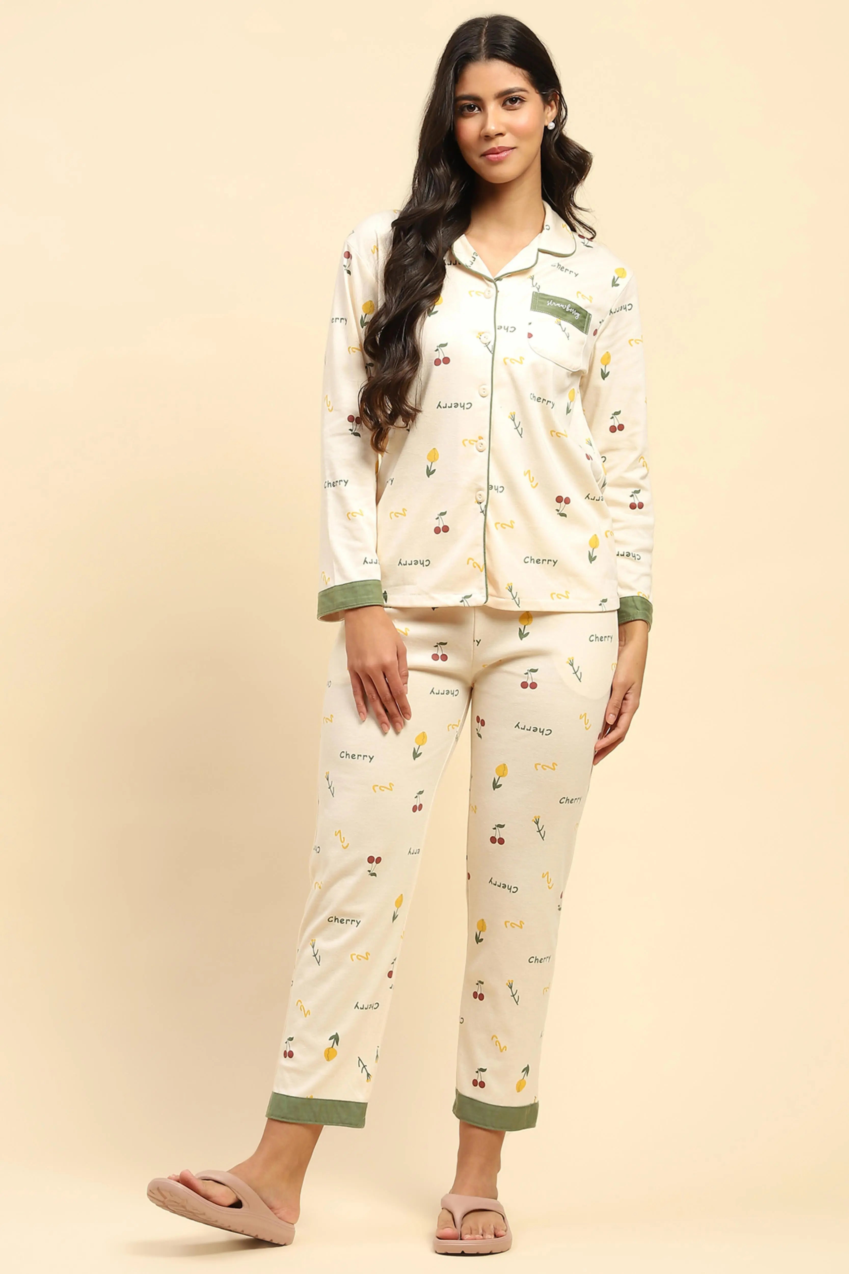 Cream Typography Cotton Blend Nightsuit - Global Republic