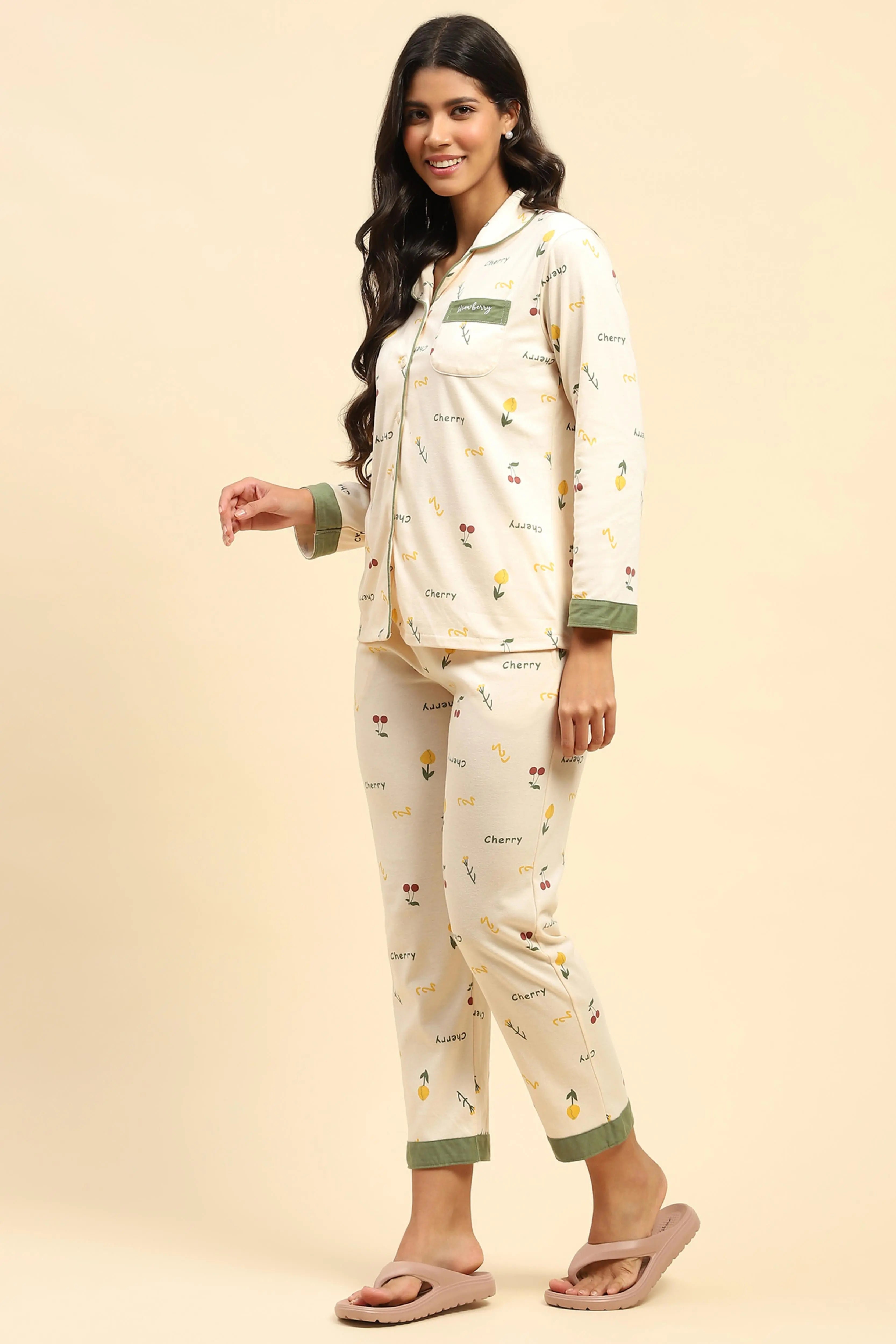 Cream Typography Cotton Blend Nightsuit - Global Republic