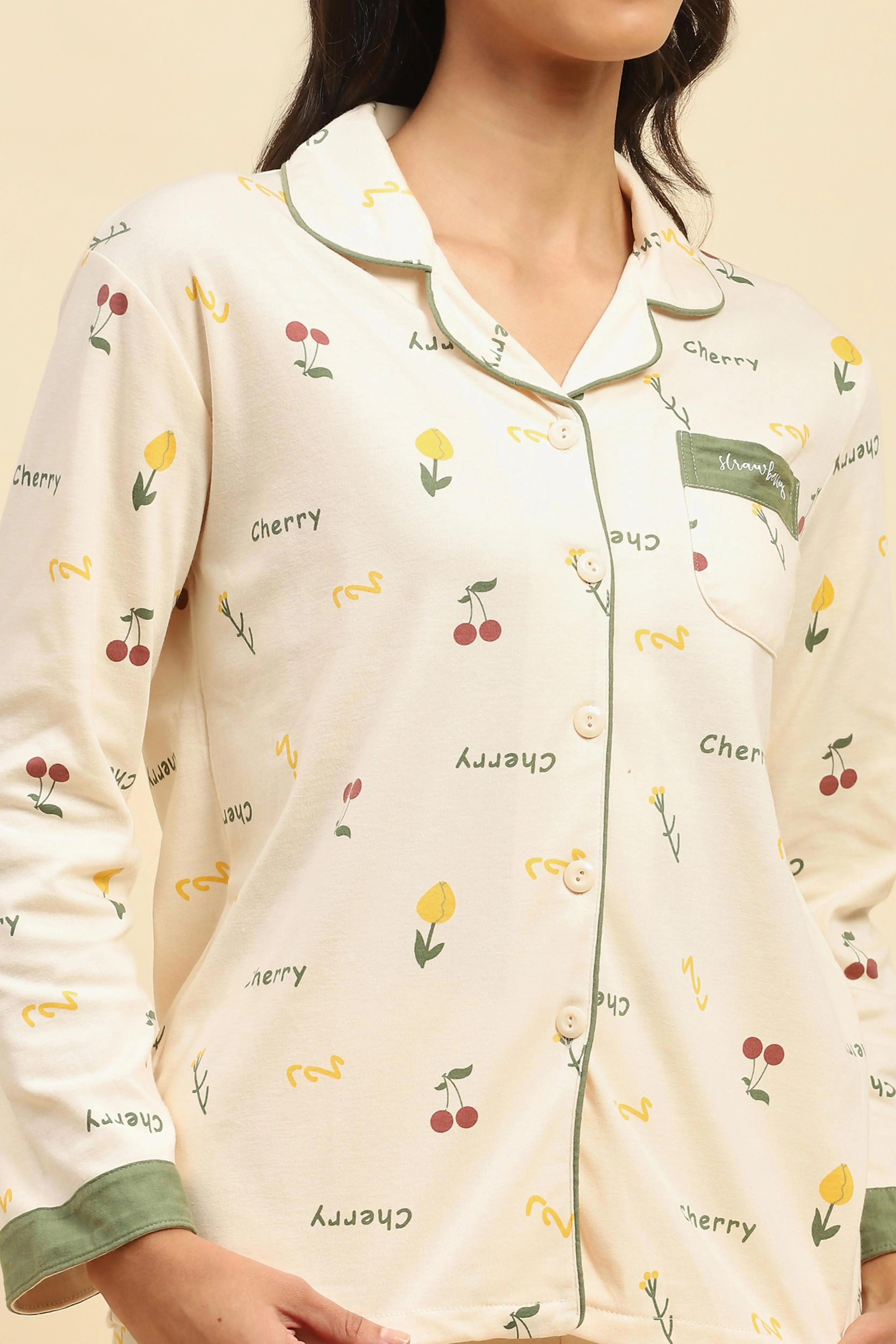 Cream Typography Cotton Blend Nightsuit - Global Republic