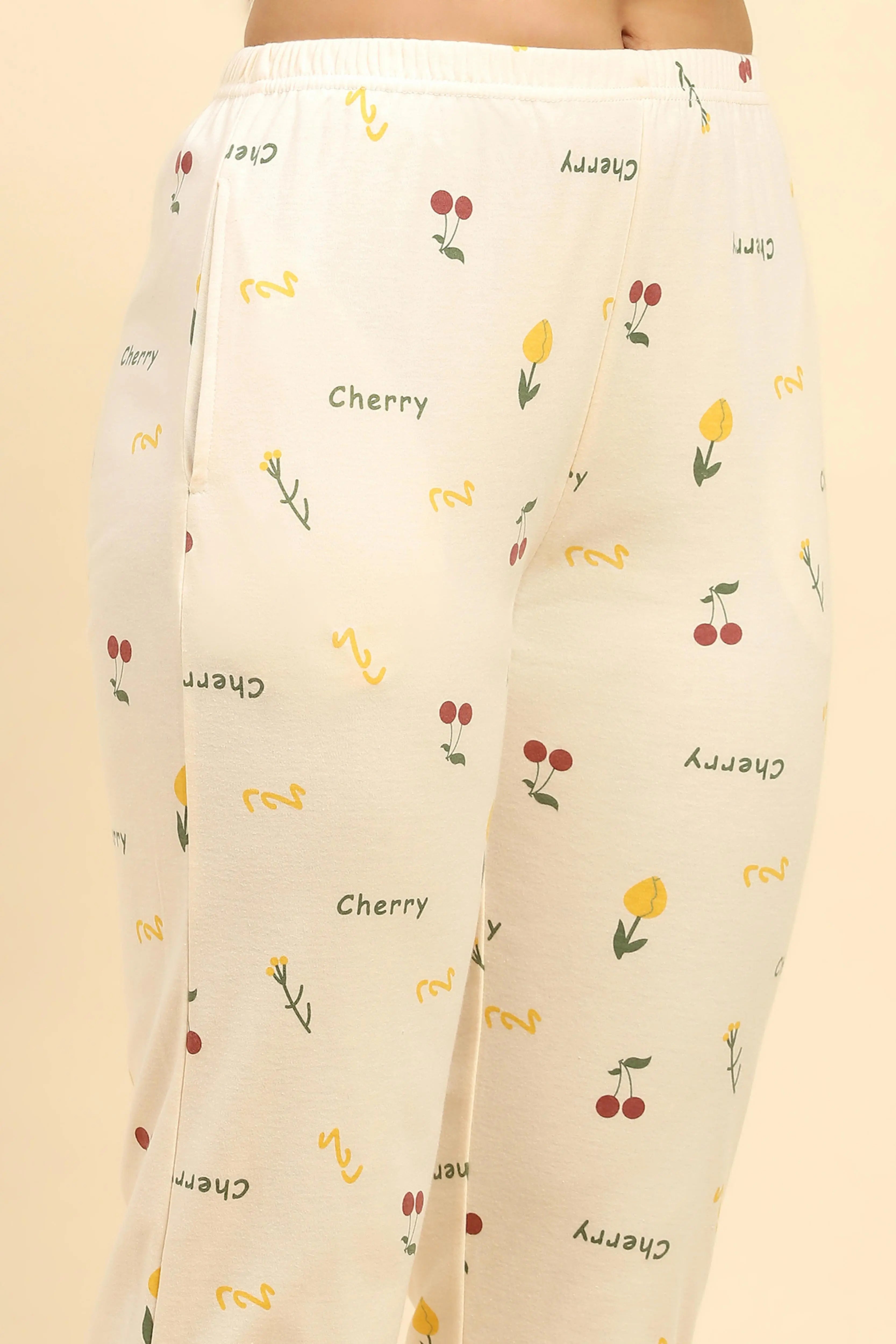 Cream Typography Cotton Blend Nightsuit - Global Republic