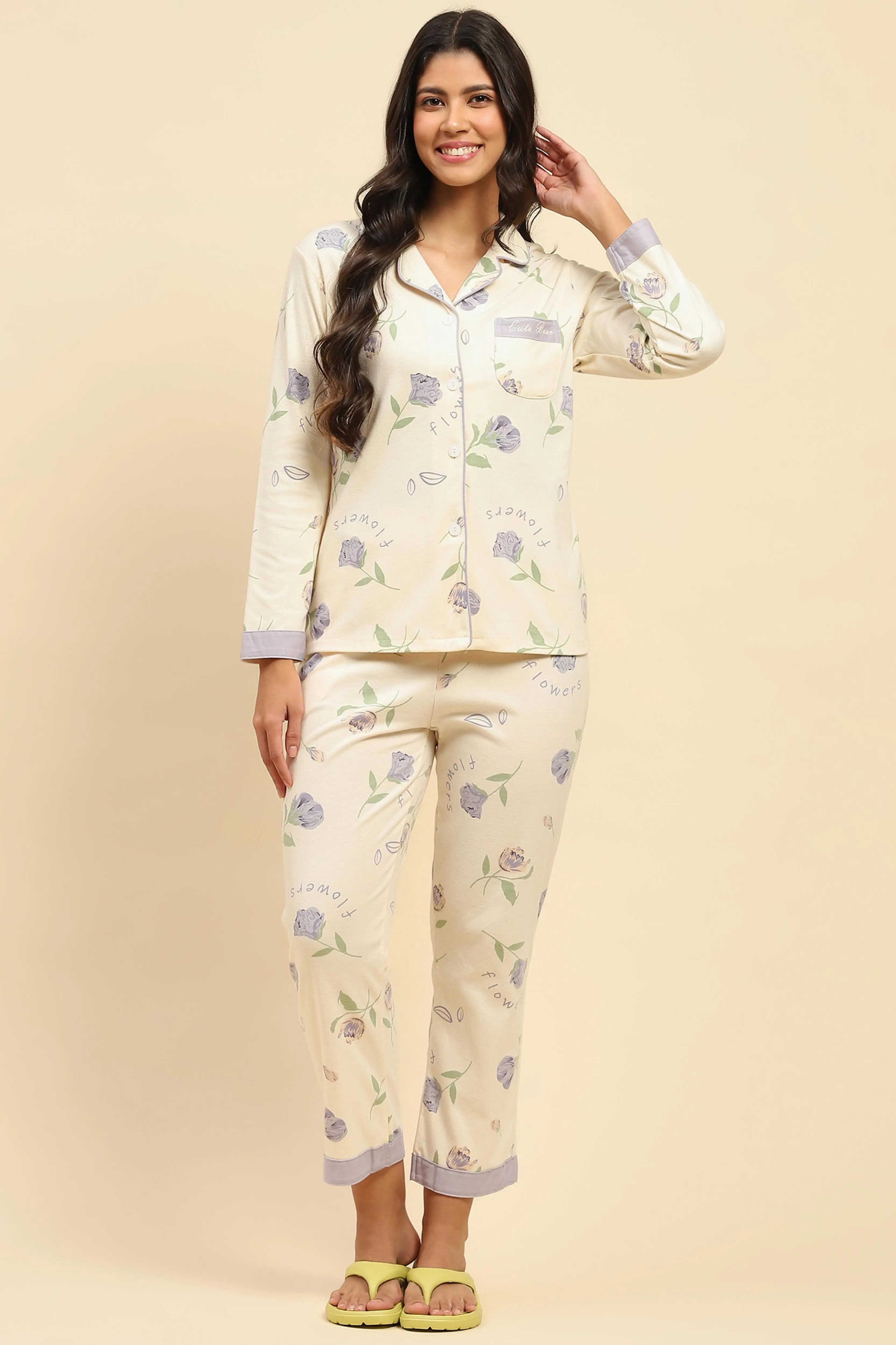 Cream Floral Cotton Blend Nightsuit - Global Republic