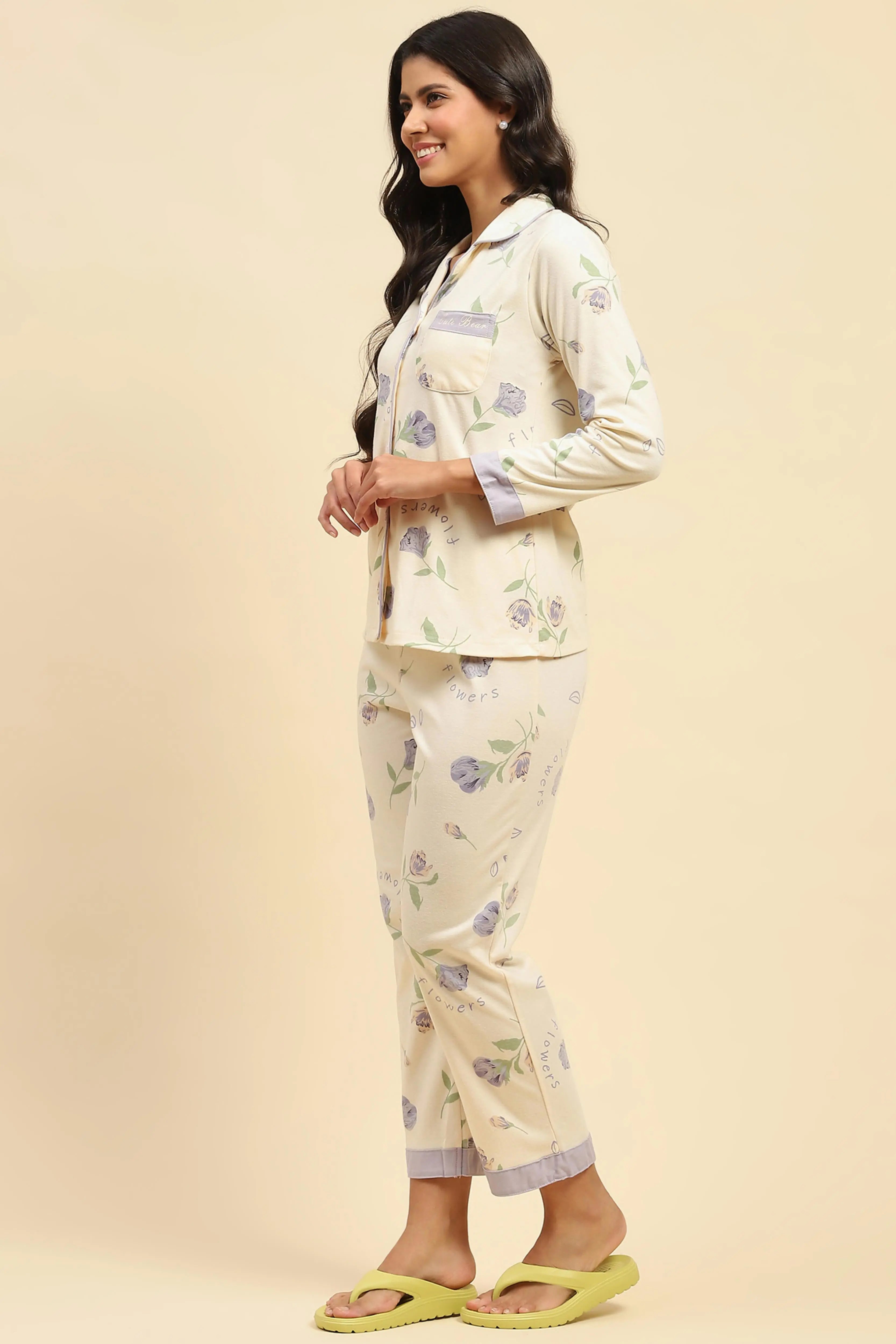Cream Floral Cotton Blend Nightsuit - Global Republic