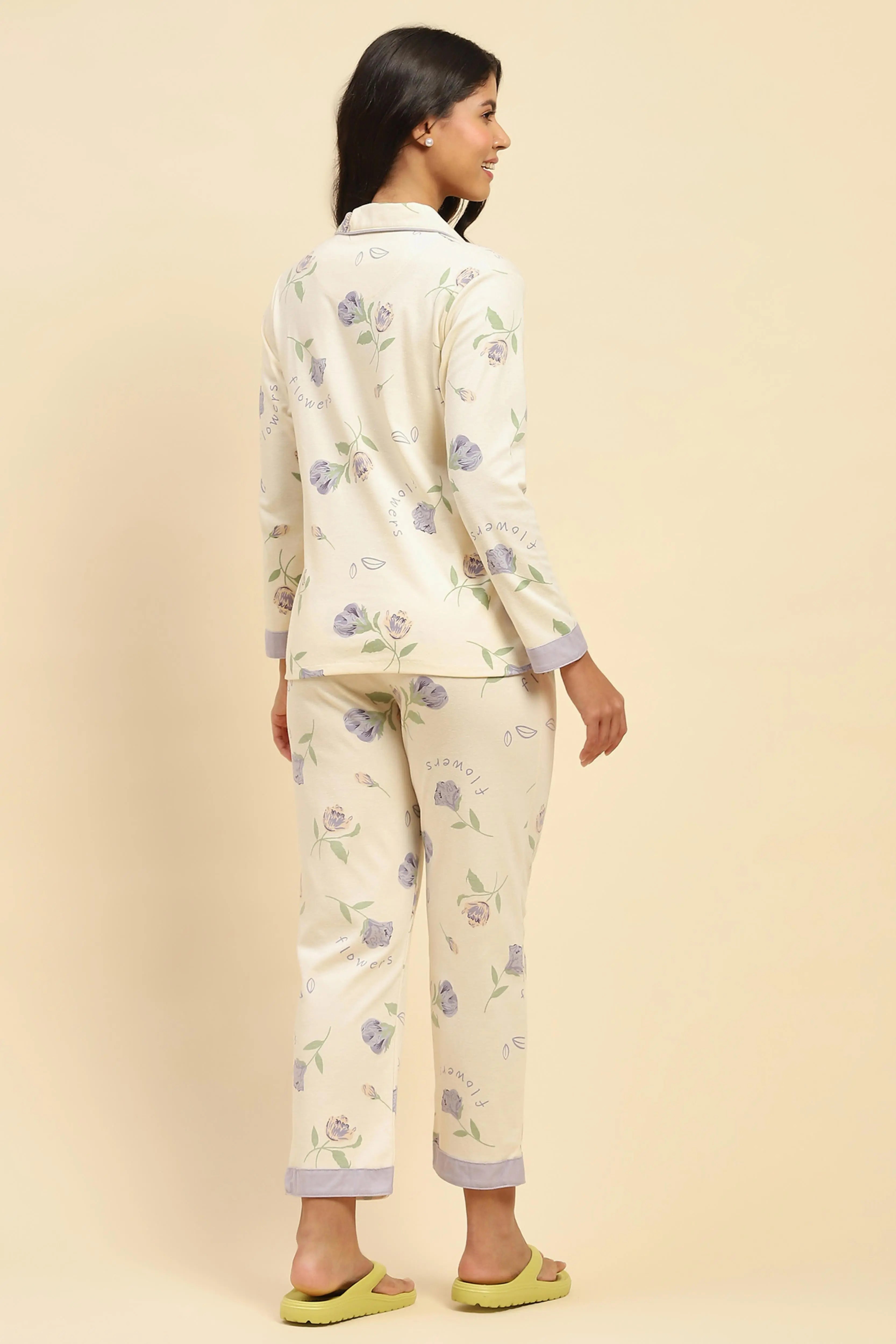 Cream Floral Cotton Blend Nightsuit - Global Republic