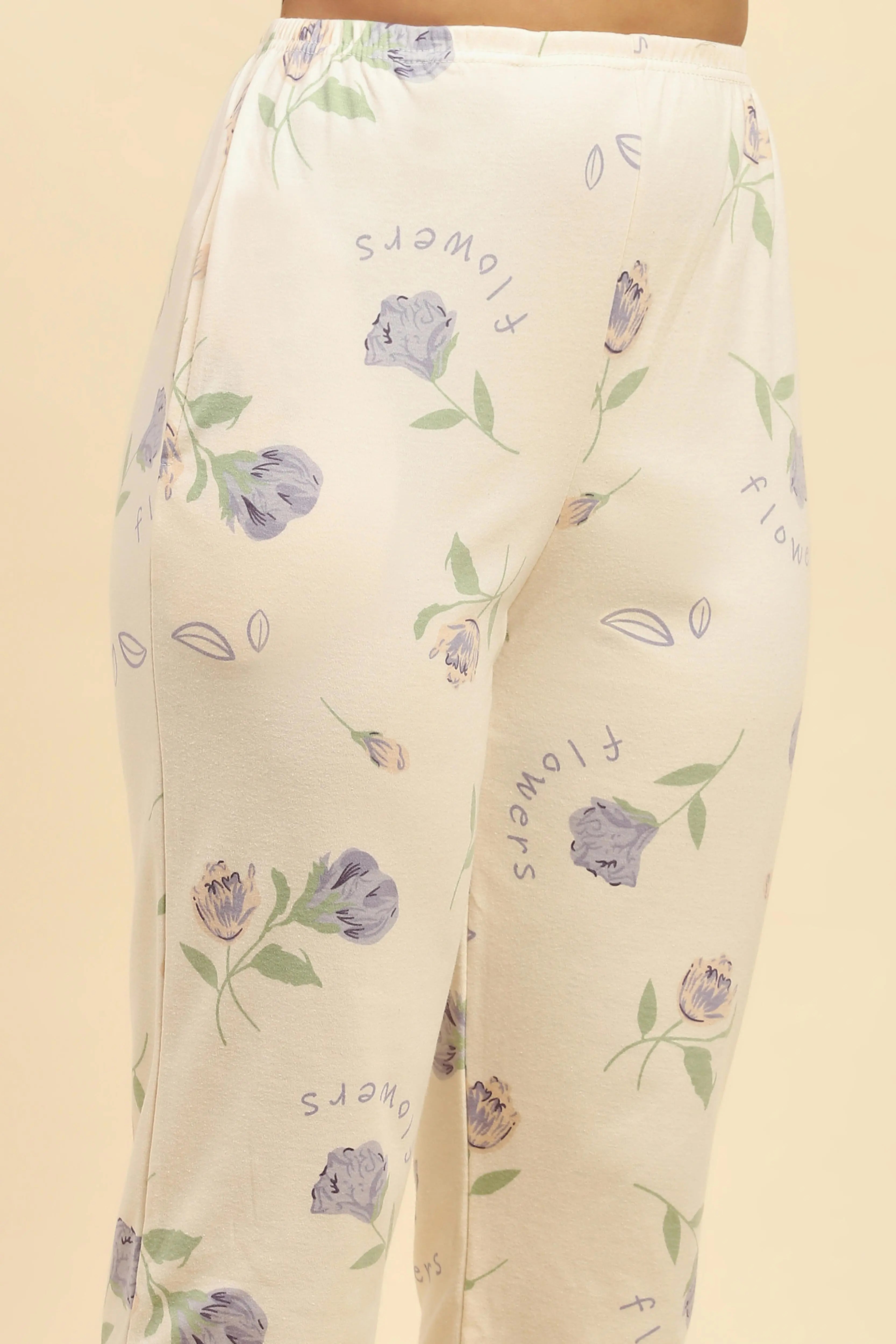 Cream Floral Cotton Blend Nightsuit - Global Republic