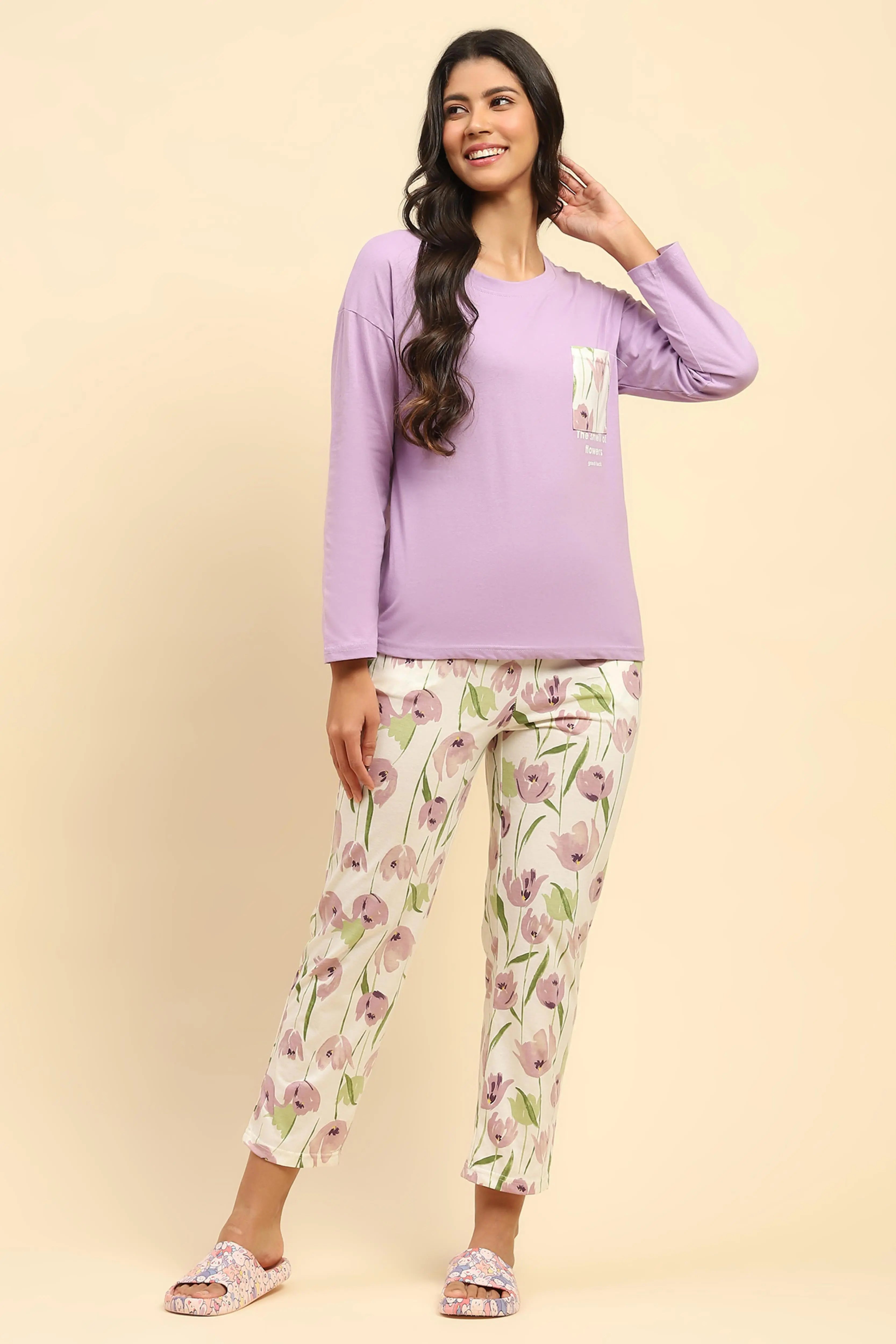 Lavender Floral Cotton Nightsuit - Global Republic