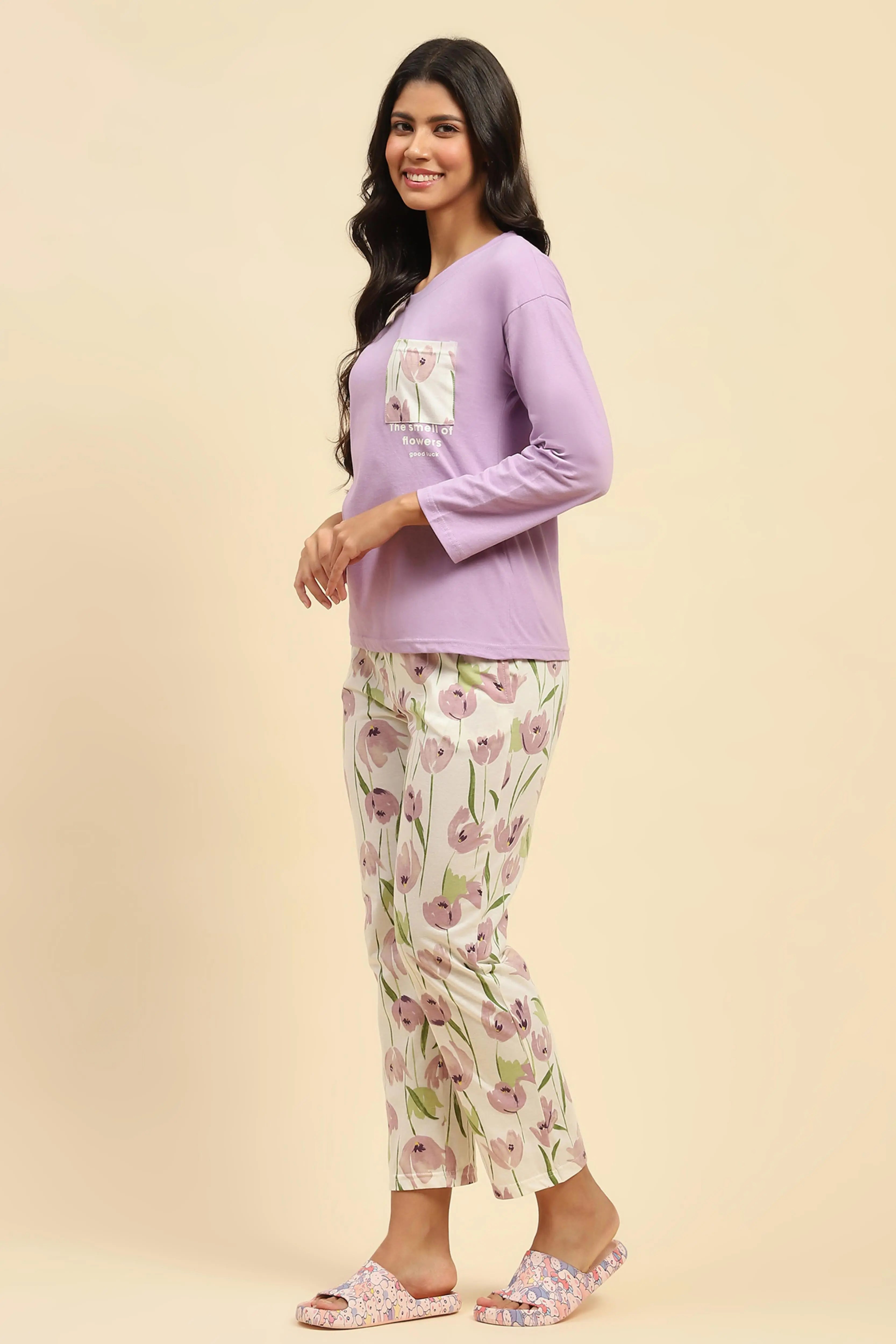 Lavender Floral Cotton Nightsuit - Global Republic