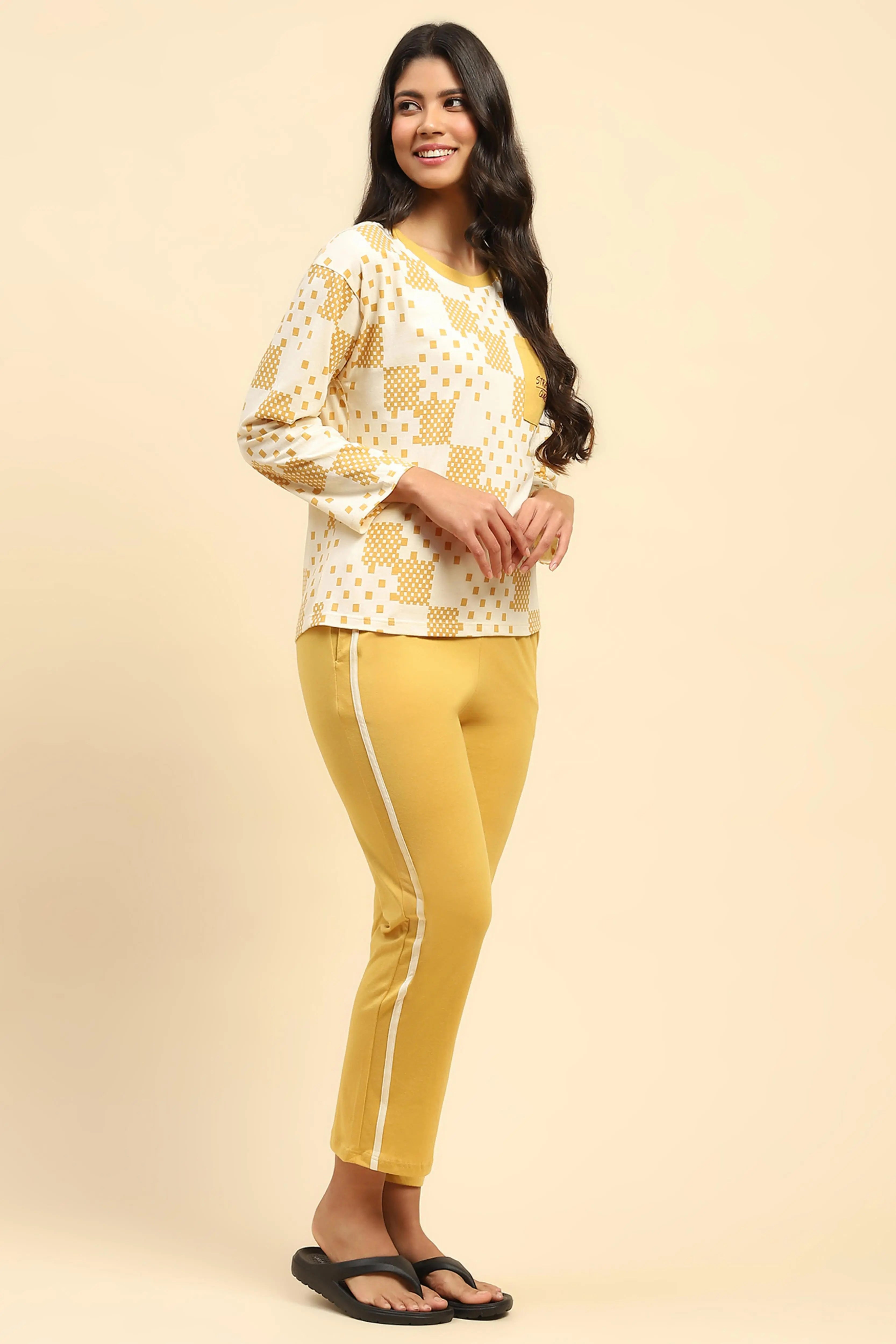 Mustard Geometric Print Cotton Nightsuit - Global Republic
