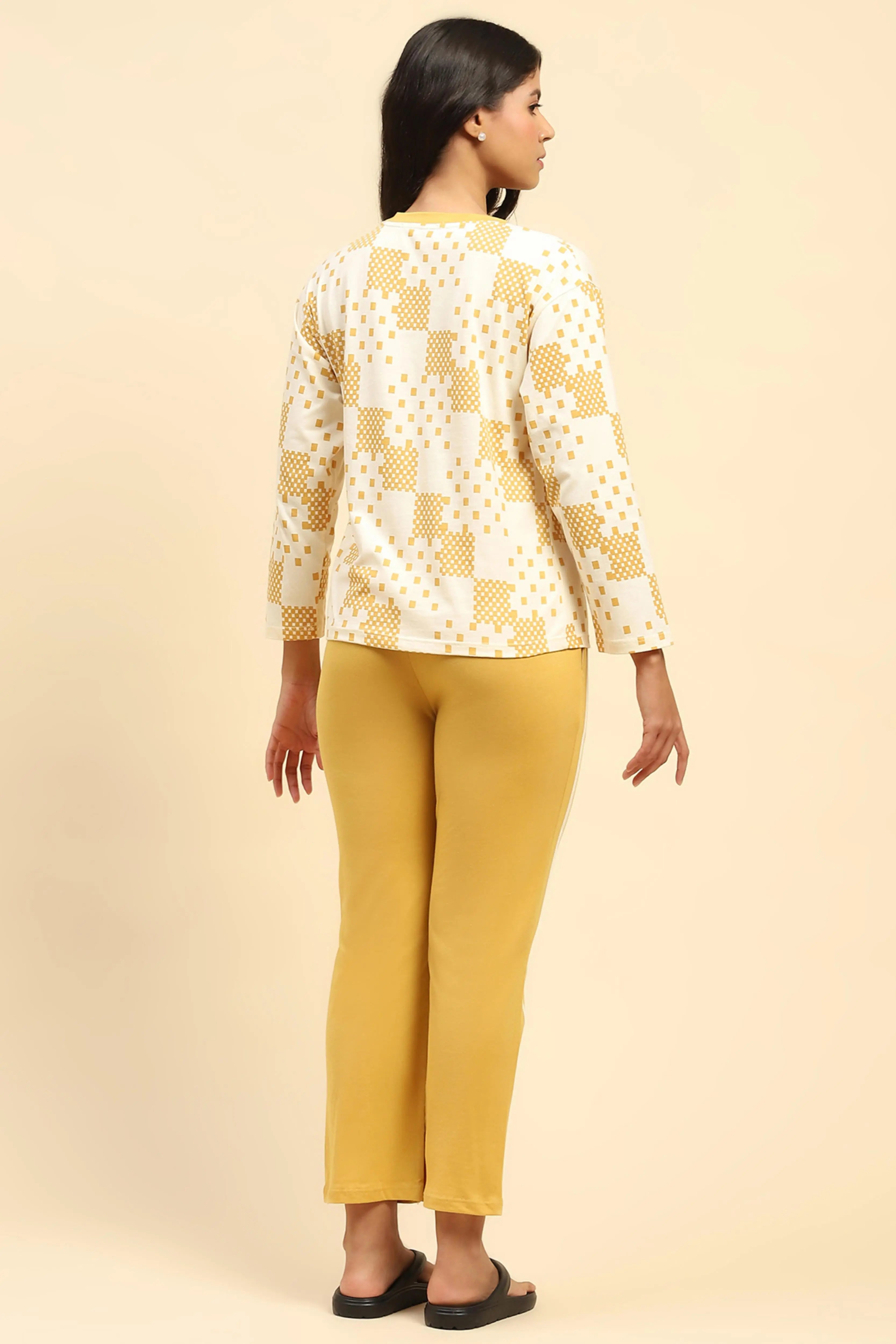 Mustard Geometric Print Cotton Nightsuit - Global Republic