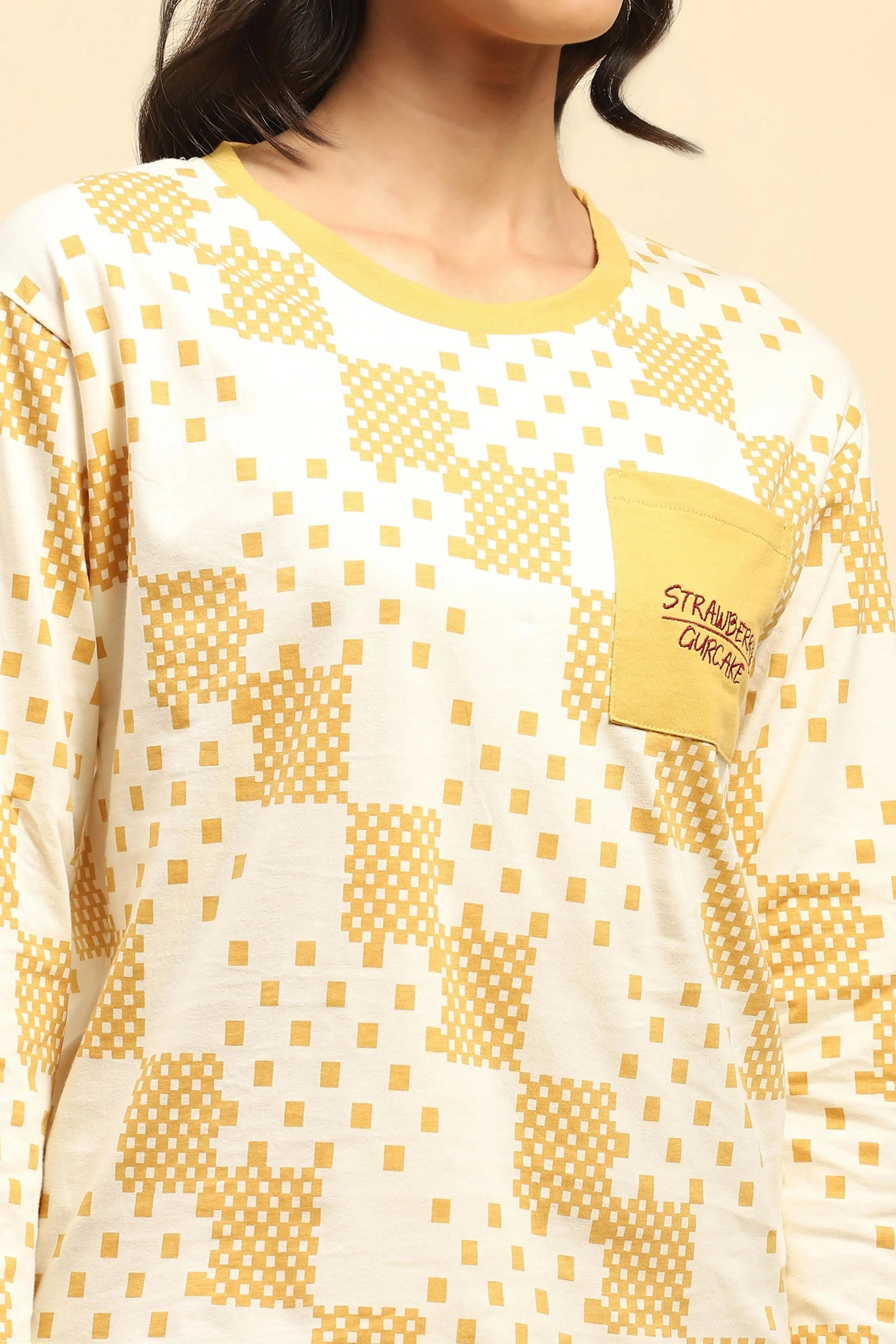 Mustard Geometric Print Cotton Nightsuit - Global Republic