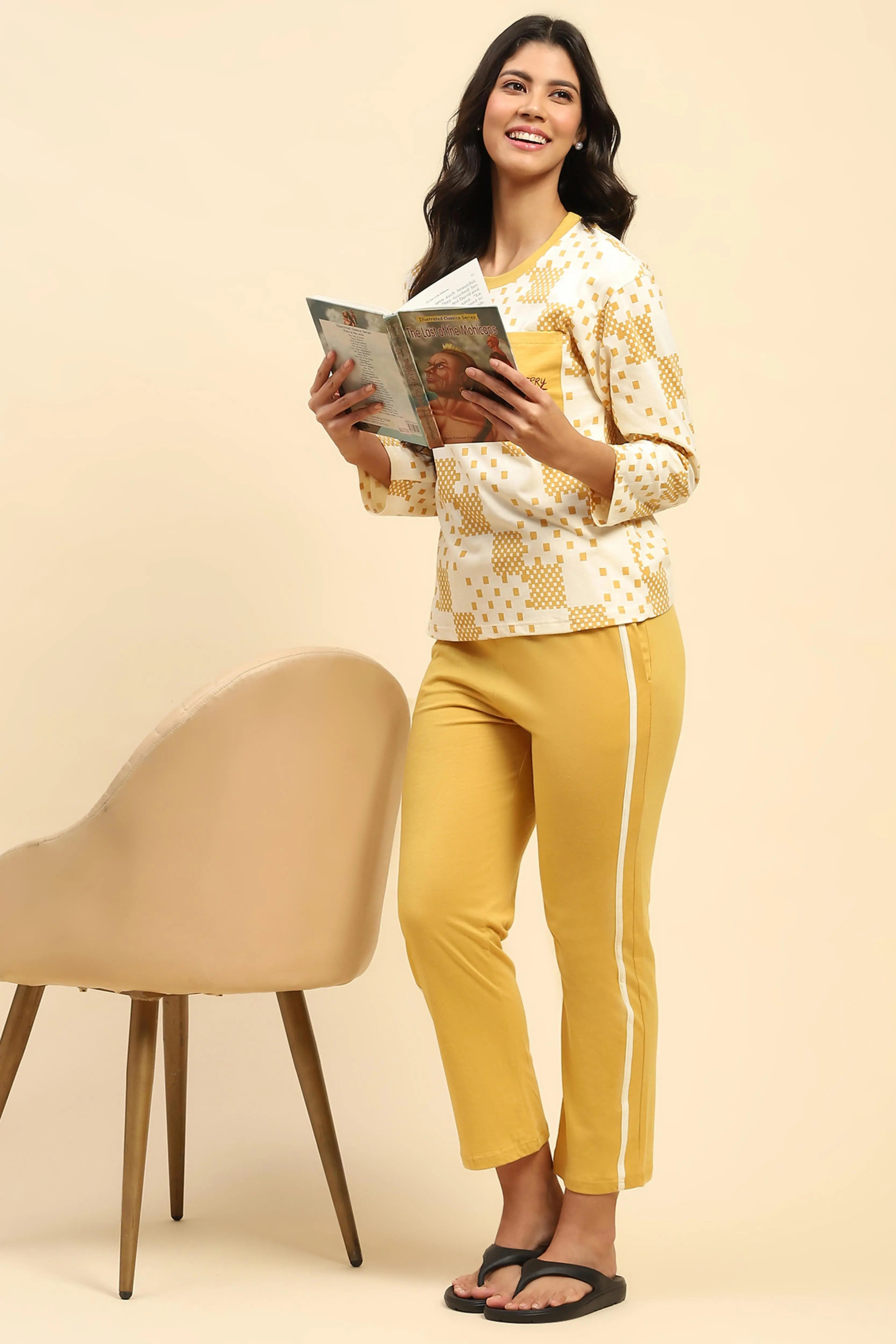 Mustard Geometric Print Cotton Nightsuit - Global Republic