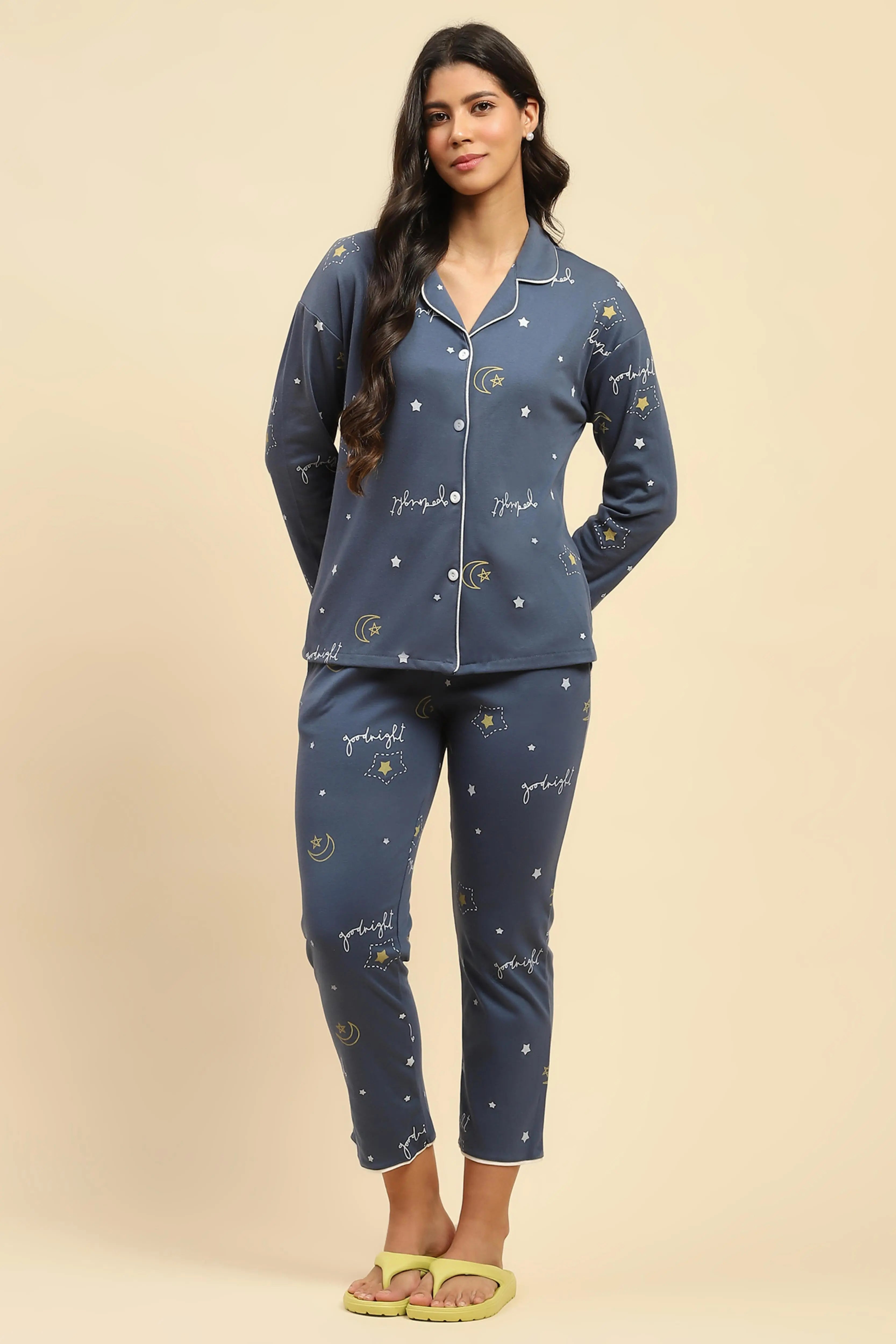 Blue Printed Cotton Blend Nightsuit - Global Republic