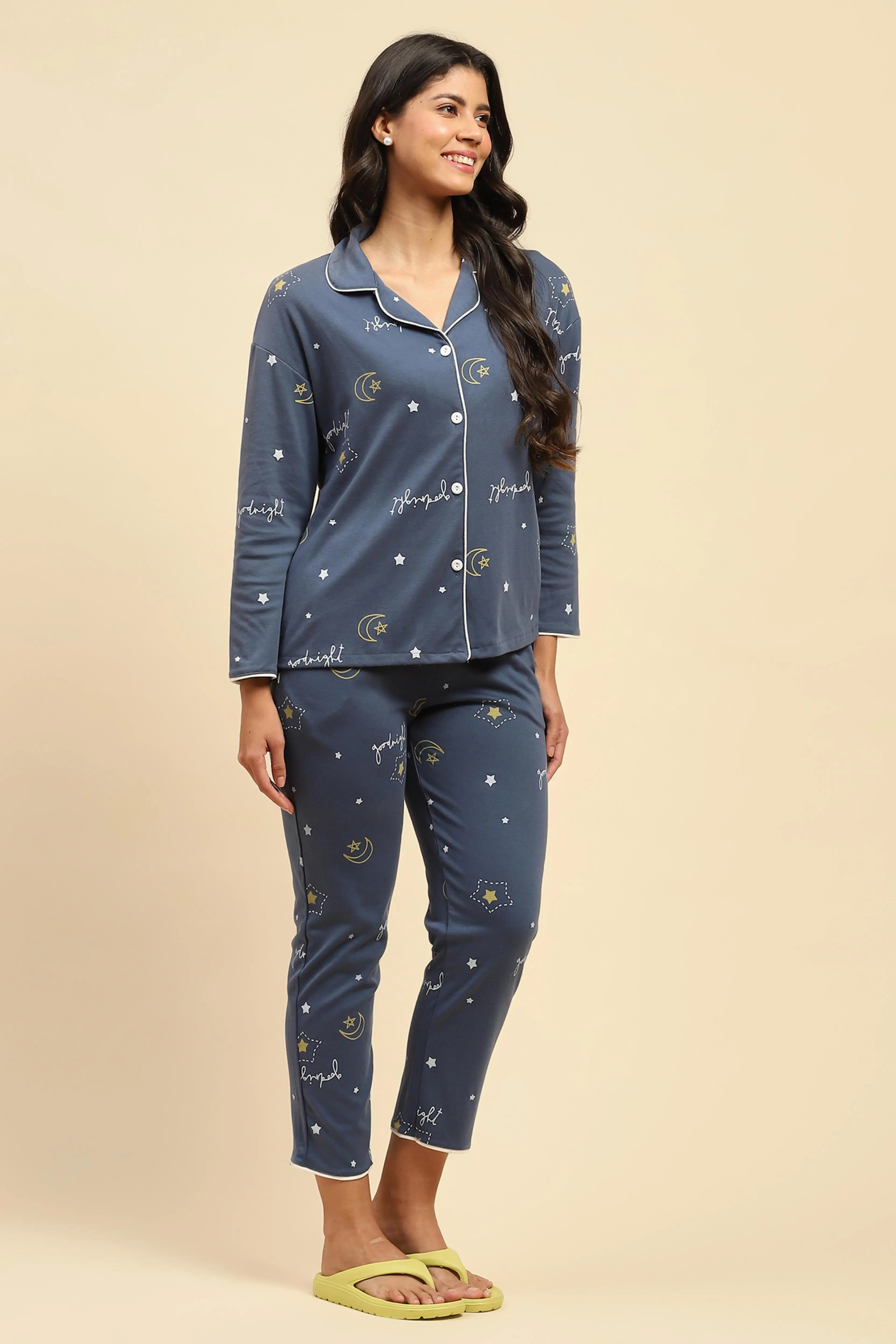 Blue Printed Cotton Blend Nightsuit - Global Republic