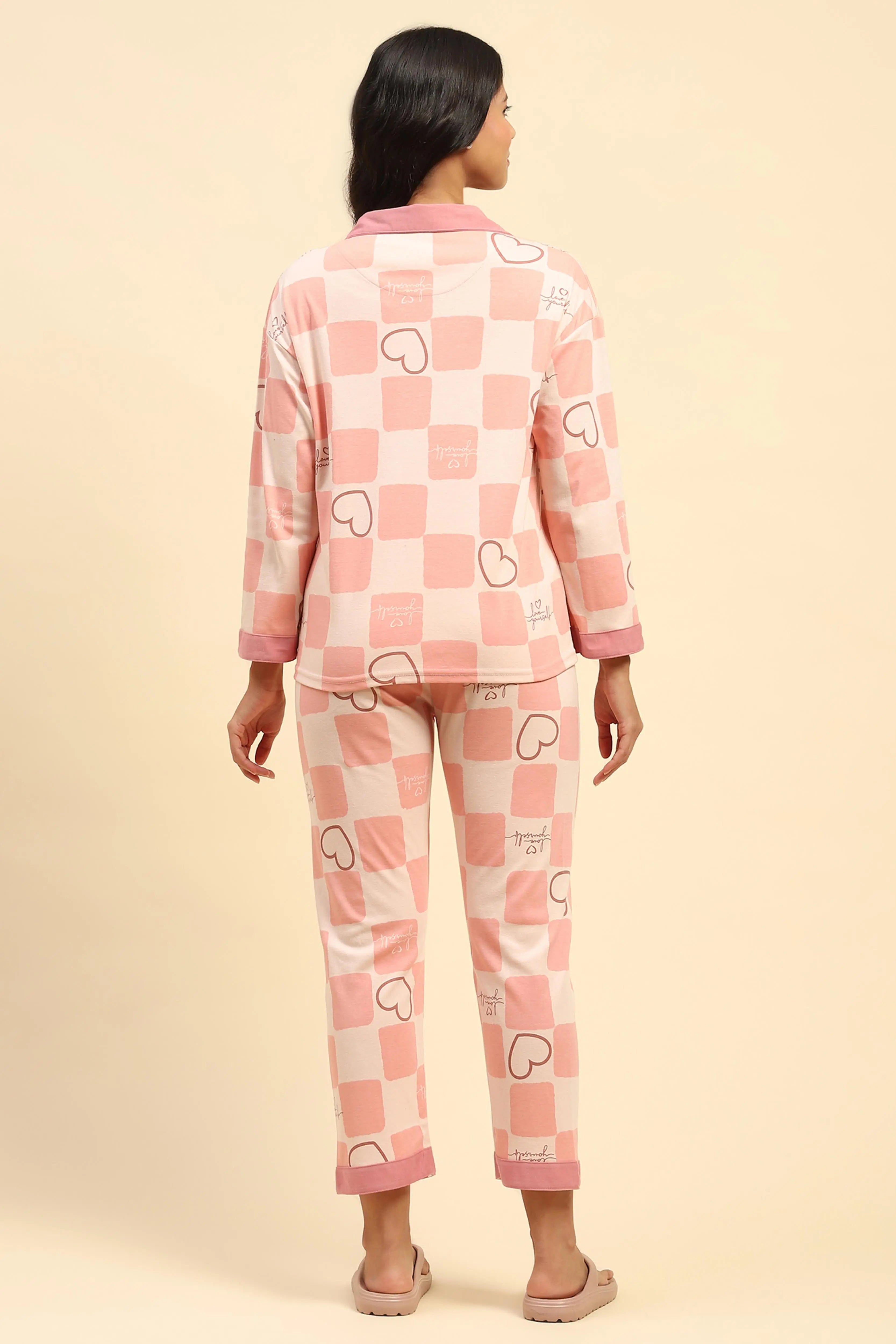 Pink Printed Cotton Blend Nightsuit - Global Republic