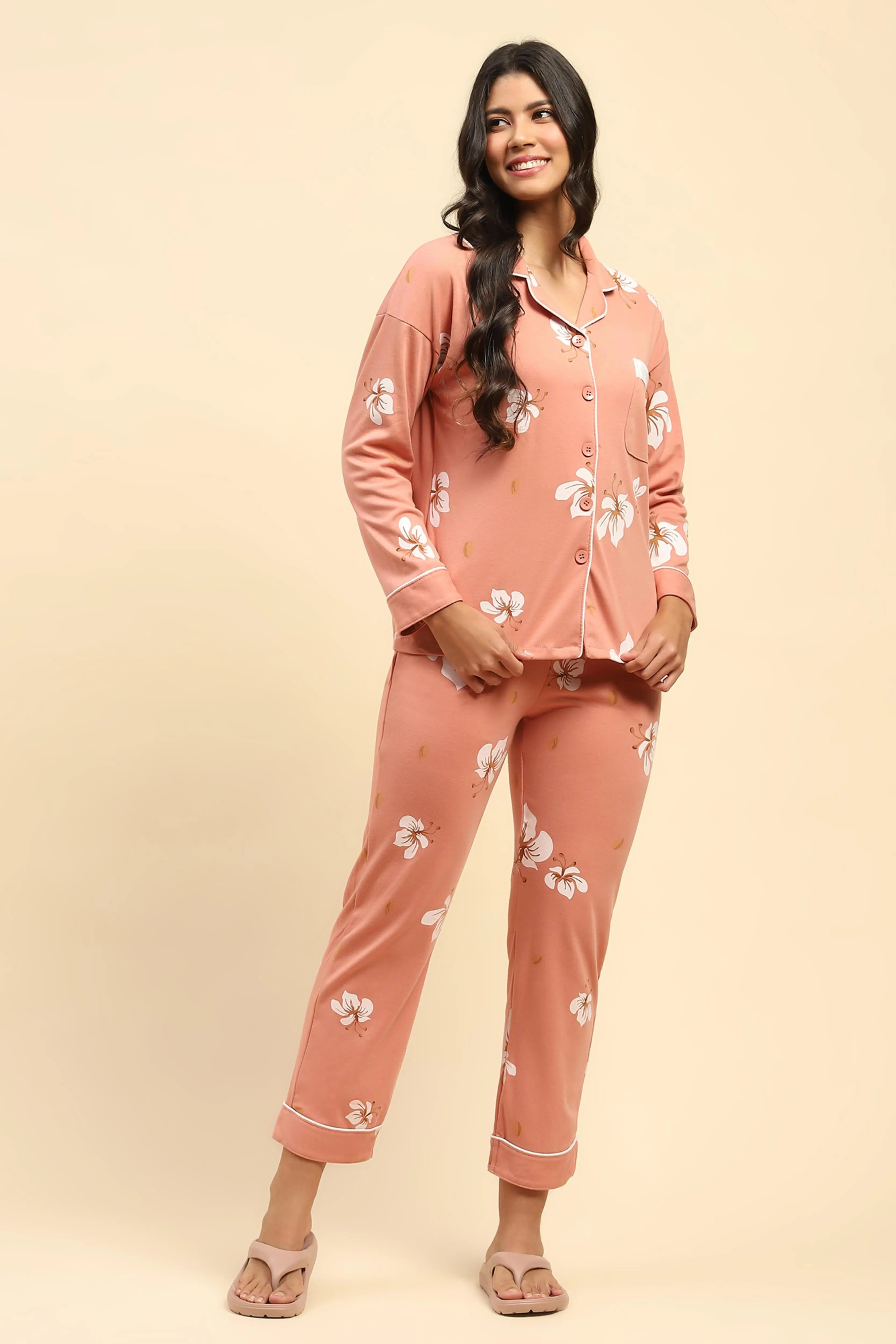 Coral Floral Cotton Blend Nightsuit - Global Republic