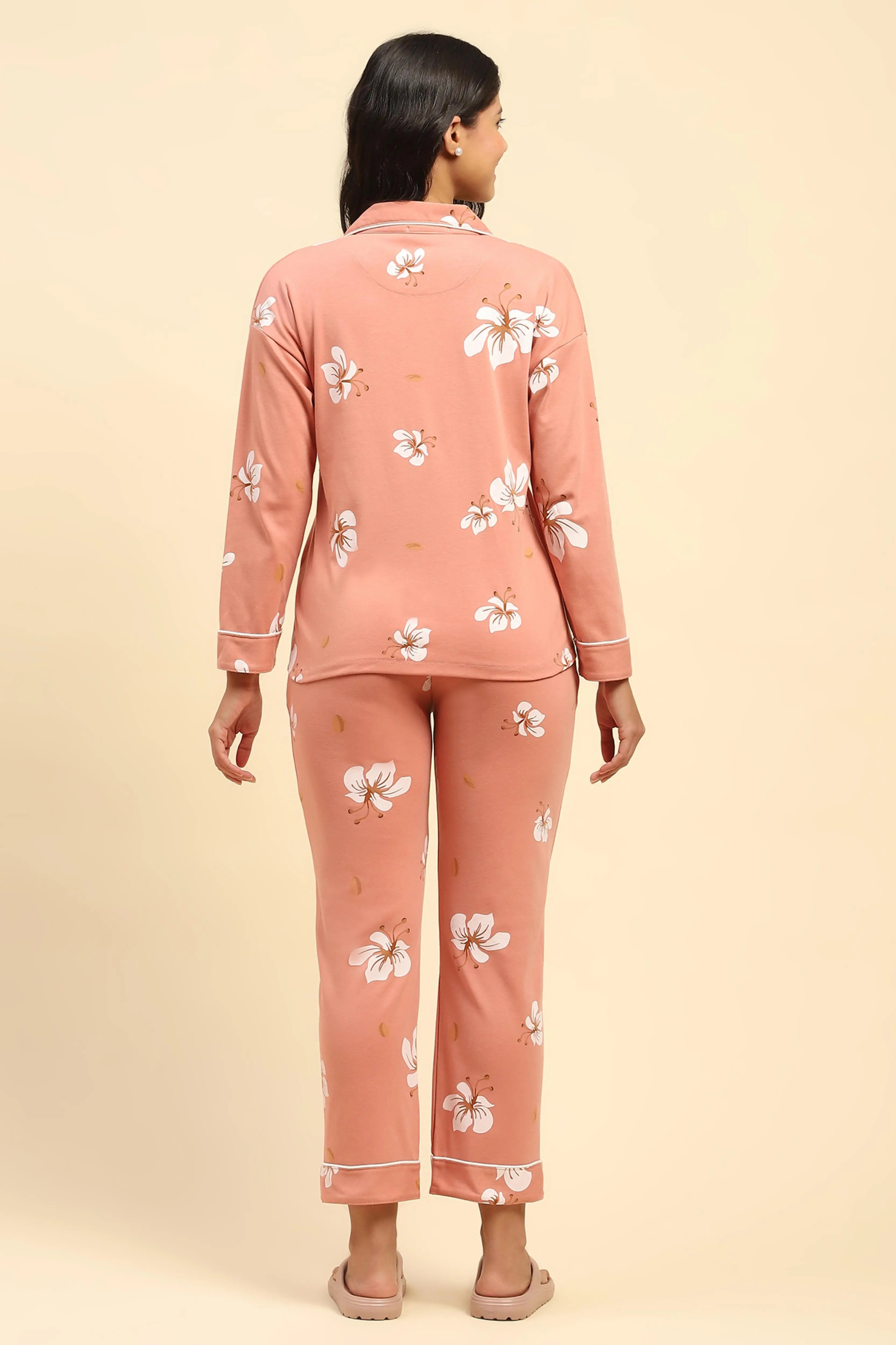 Coral Floral Cotton Blend Nightsuit - Global Republic