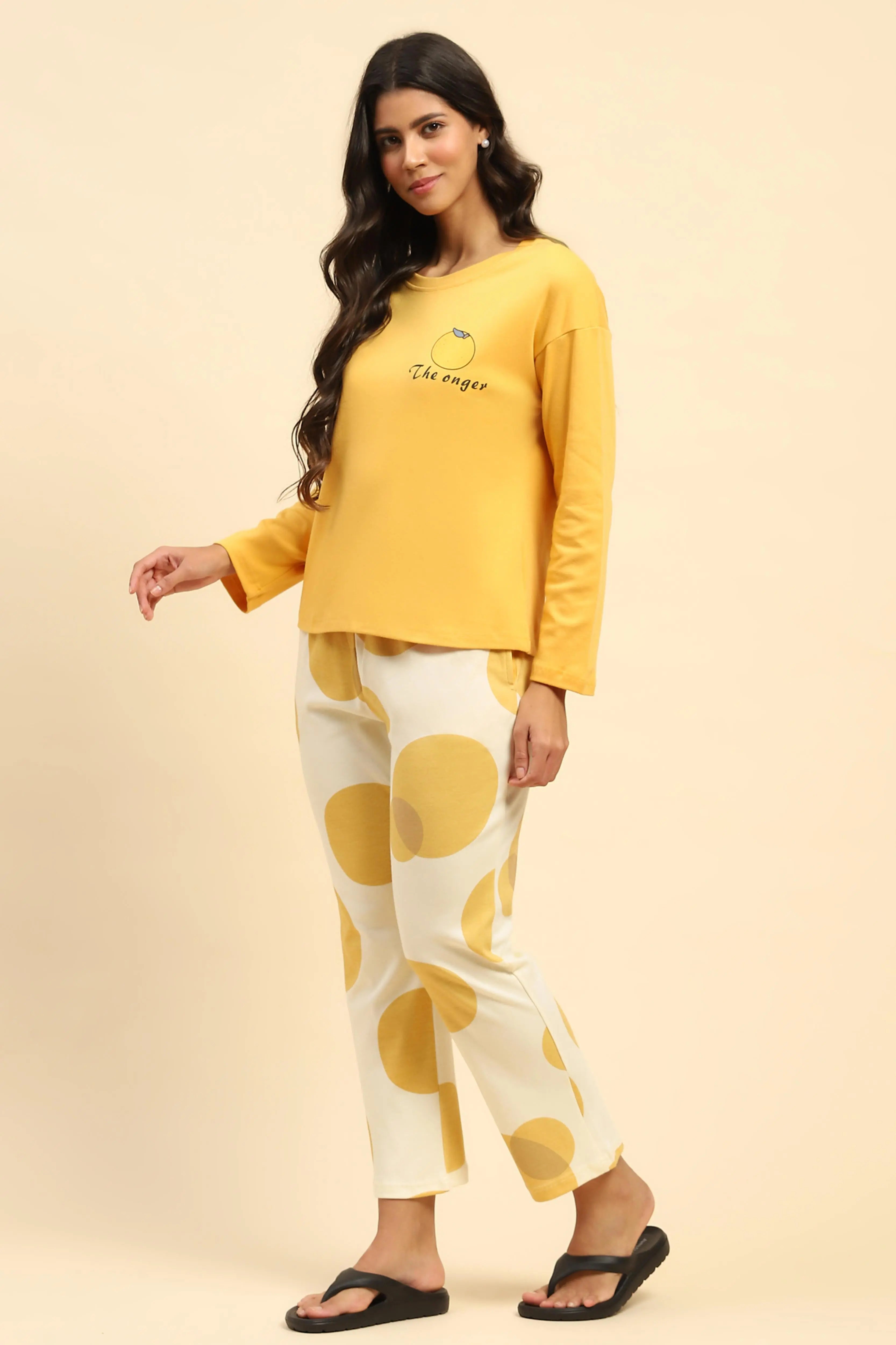Yellow Printed Cotton Nightsuit - Global Republic