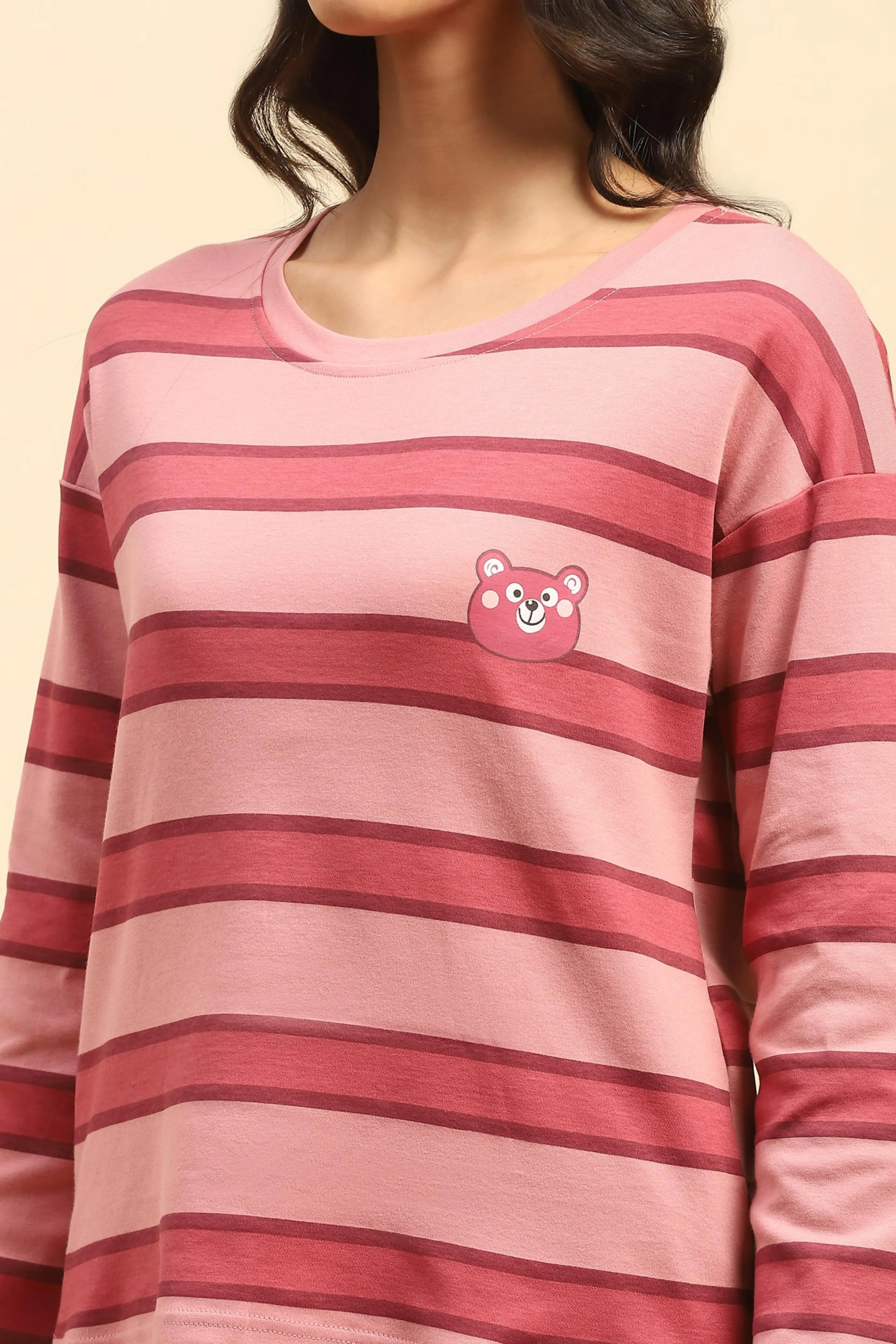 Dark Pink Striped Cotton Nightsuit - Global Republic