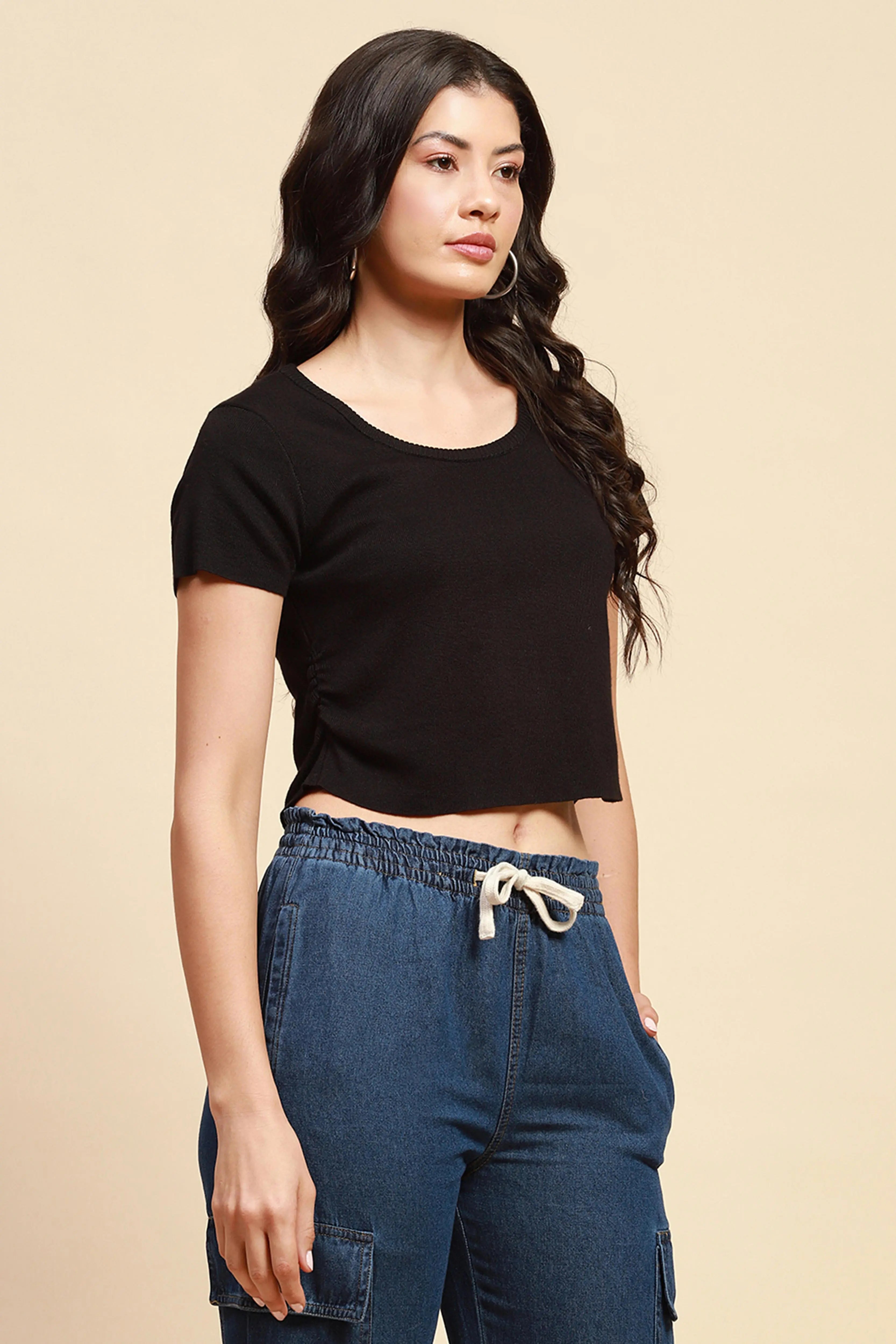 Black Viscose Blend Crop Top - Global Republic