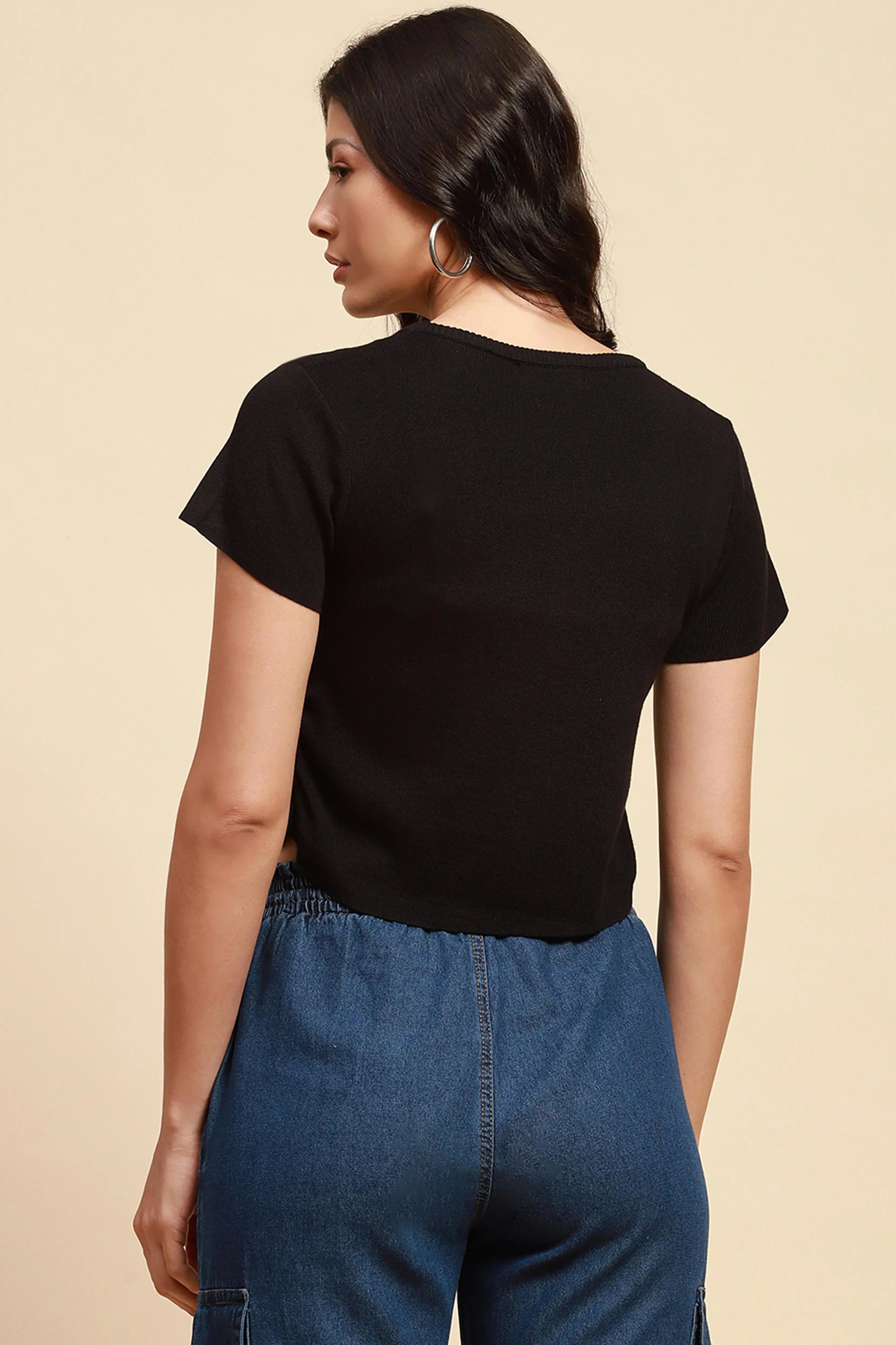 Black Viscose Blend Crop Top - Global Republic