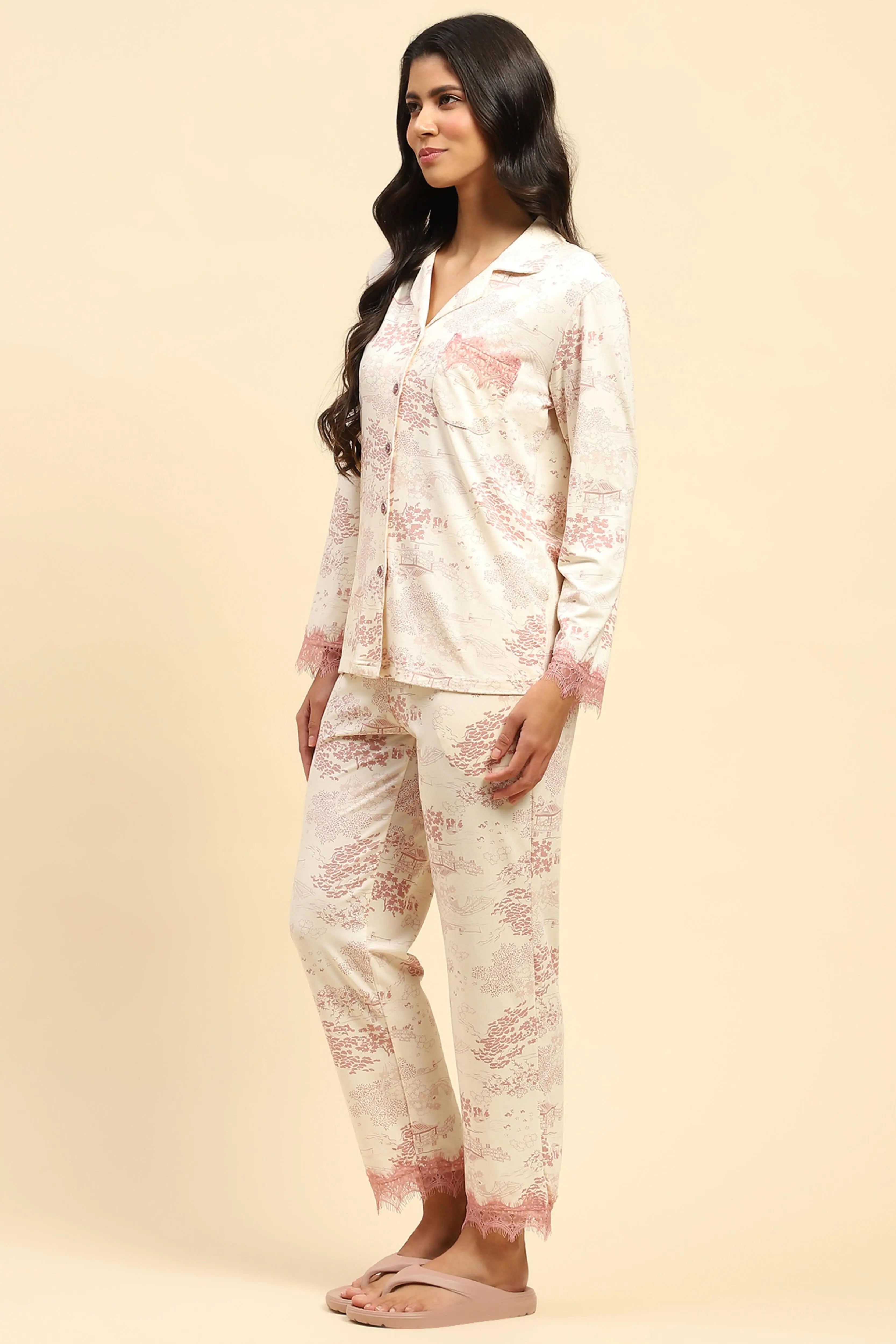 Blush Pink Floral Cotton Blend Relaxed Fit Night Suit - Global Republic