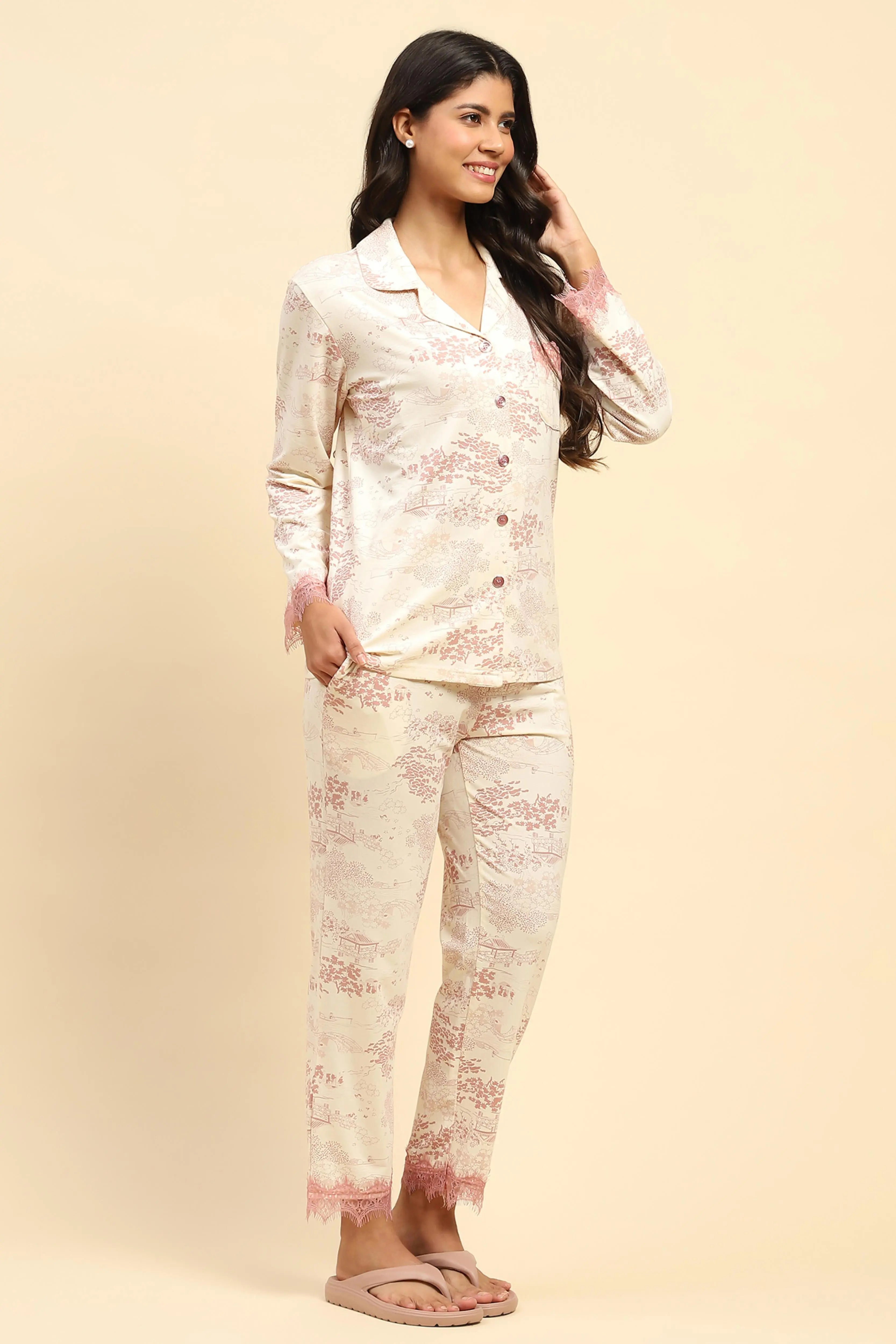 Blush Pink Floral Cotton Blend Relaxed Fit Night Suit - Global Republic