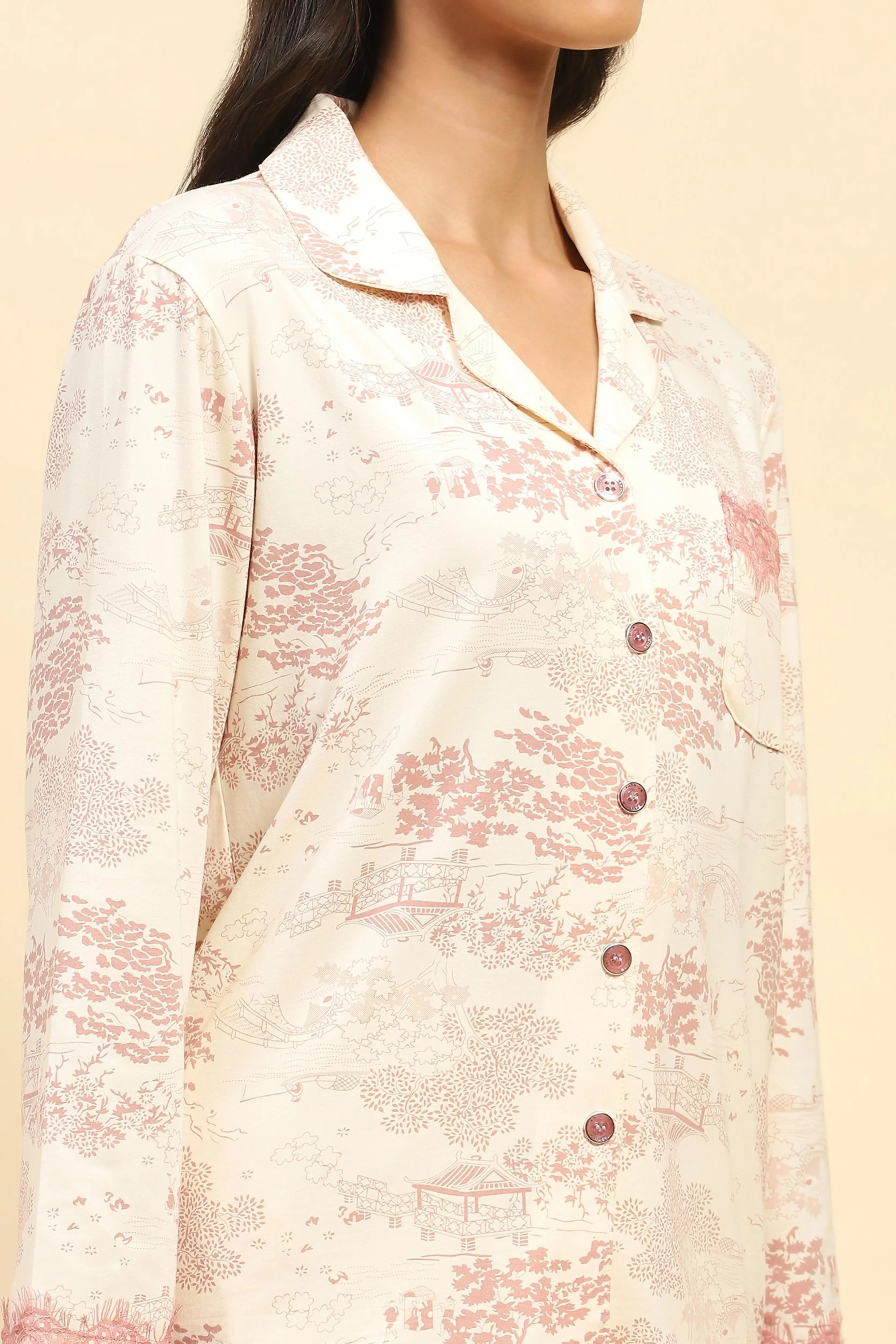 Blush Pink Floral Cotton Blend Relaxed Fit Night Suit - Global Republic
